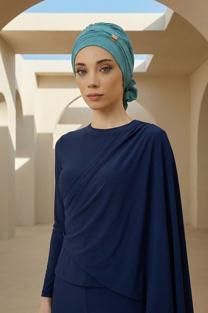 Instant Aerobin Turban Hijab for Women with Gold Accent, Pre-Tied Cotton Blend Headwrap, Modest Ready to Wear Headscarf,HT-95