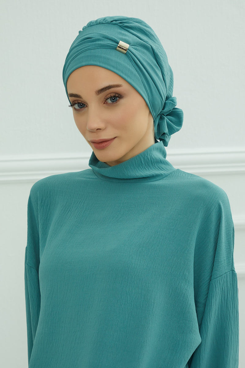 Instant Aerobin Turban Hijab for Women with Gold Accent, Pre-Tied Cotton Blend Headwrap, Modest Ready to Wear Headscarf,HT-95