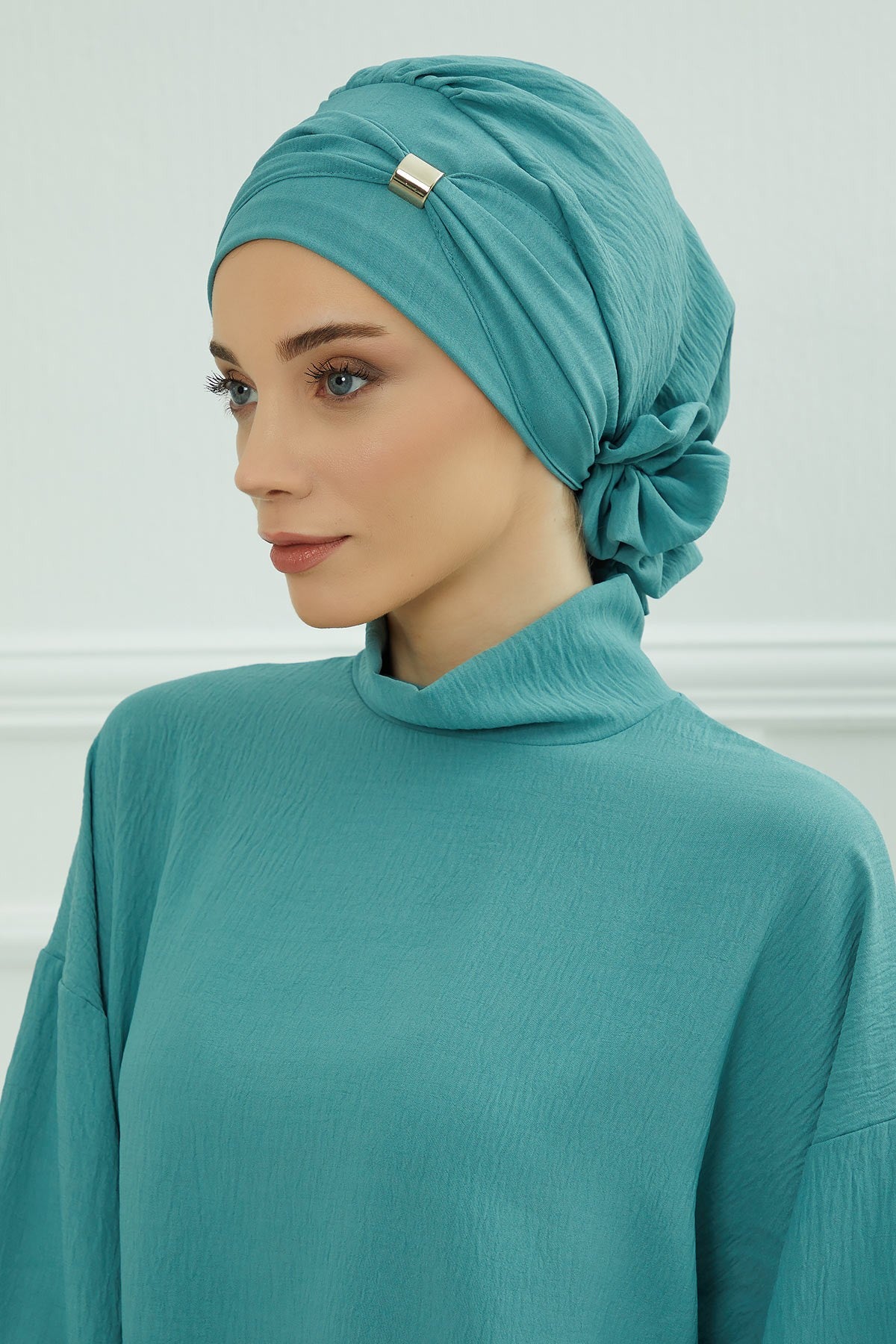 Instant Aerobin Turban Hijab for Women with Gold Accent, Pre-Tied Cotton Blend Headwrap, Modest Ready to Wear Headscarf,HT-95 Mint Green