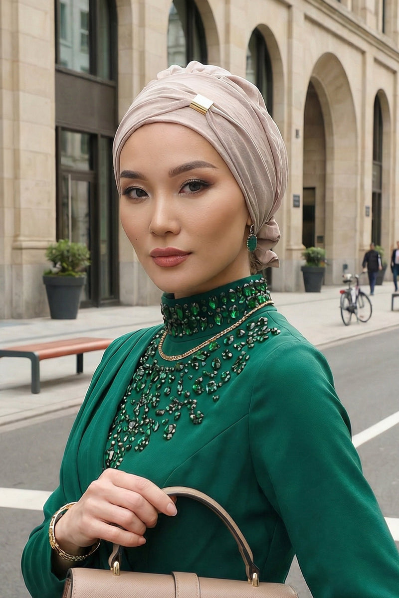 Instant Aerobin Turban Hijab for Women with Gold Accent, Pre-Tied Cotton Blend Headwrap, Modest Ready to Wear Headscarf,HT-95