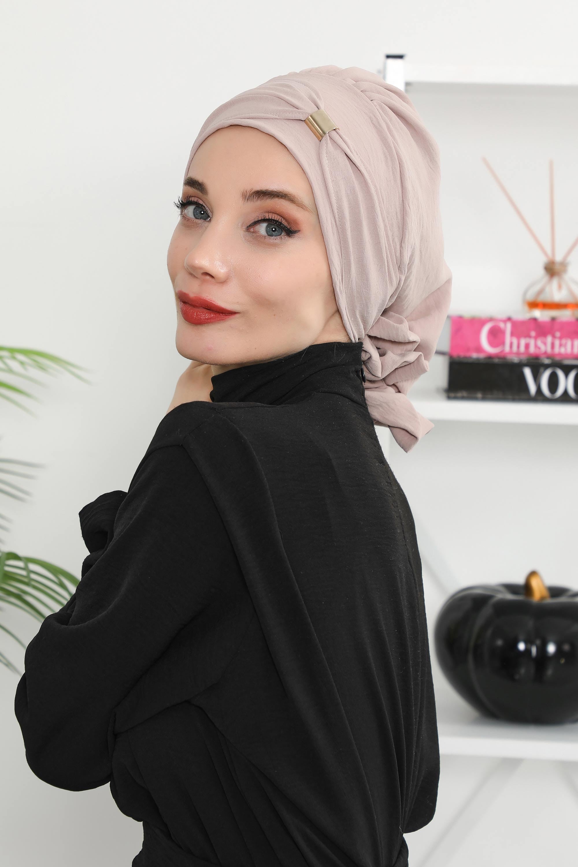 Instant Aerobin Turban Hijab for Women with Gold Accent, Pre-Tied Cotton Blend Headwrap, Modest Ready to Wear Headscarf,HT-95 Mink