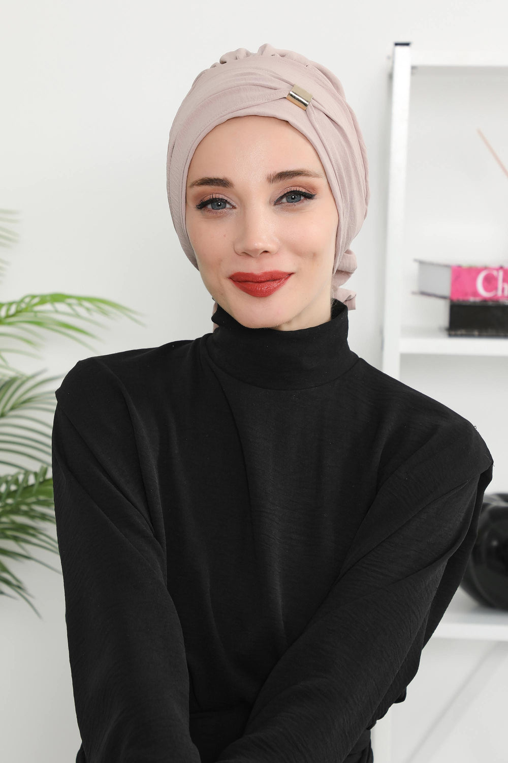 Instant Aerobin Turban Hijab for Women with Gold Accent, Pre-Tied Cotton Blend Headwrap, Modest Ready to Wear Headscarf,HT-95 Mink