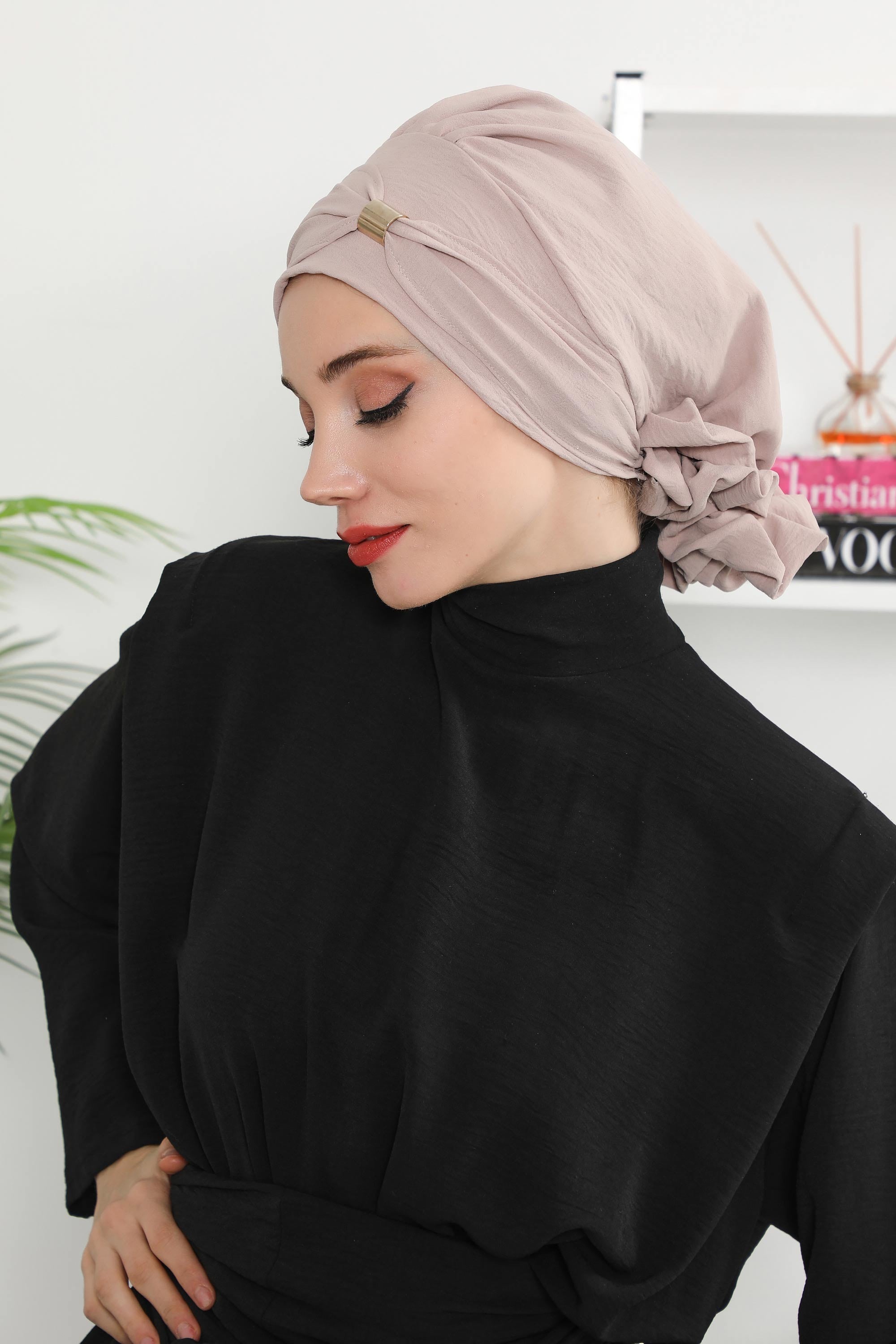 Instant Aerobin Turban Hijab for Women with Gold Accent, Pre-Tied Cotton Blend Headwrap, Modest Ready to Wear Headscarf,HT-95 Mink