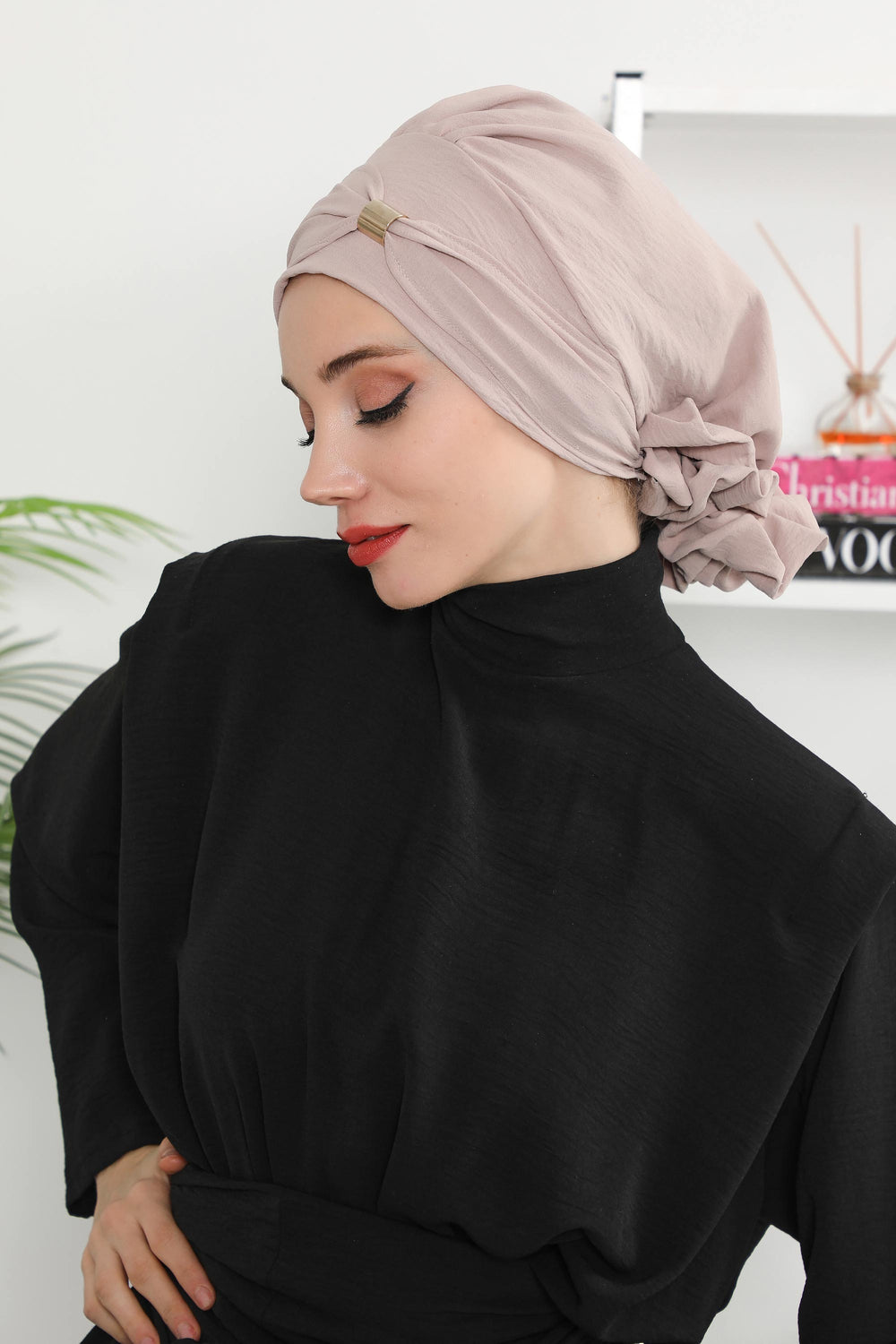 Instant Aerobin Turban Hijab for Women with Gold Accent, Pre-Tied Cotton Blend Headwrap, Modest Ready to Wear Headscarf,HT-95 Mink
