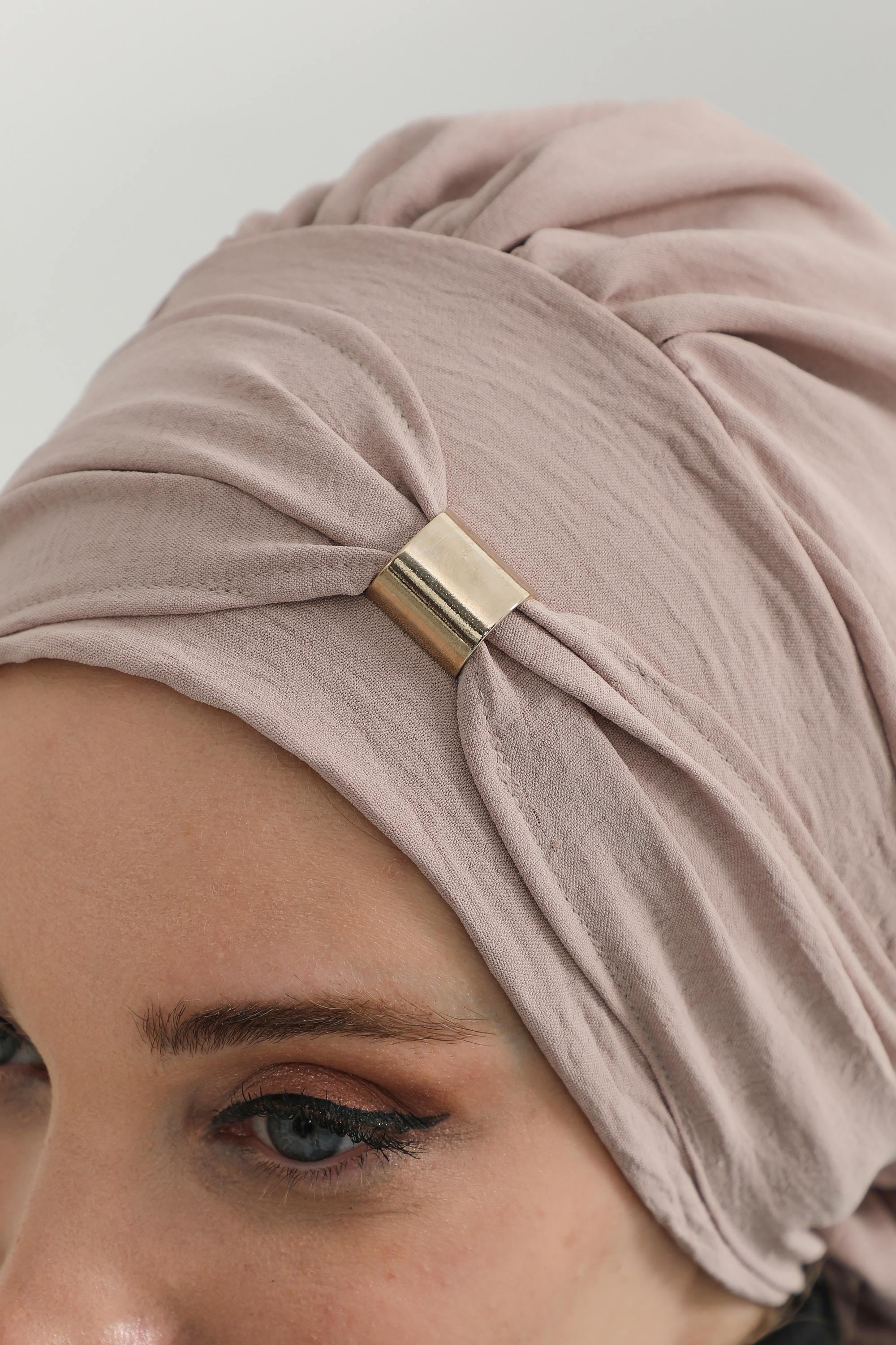 Instant Aerobin Turban Hijab for Women with Gold Accent, Pre-Tied Cotton Blend Headwrap, Modest Ready to Wear Headscarf,HT-95 Mink