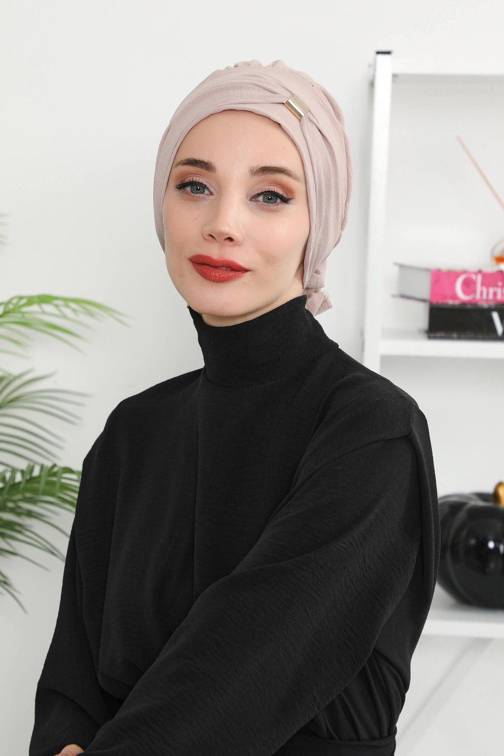 Instant Aerobin Turban Hijab for Women with Gold Accent, Pre-Tied Cotton Blend Headwrap, Modest Ready to Wear Headscarf,HT-95 Mink