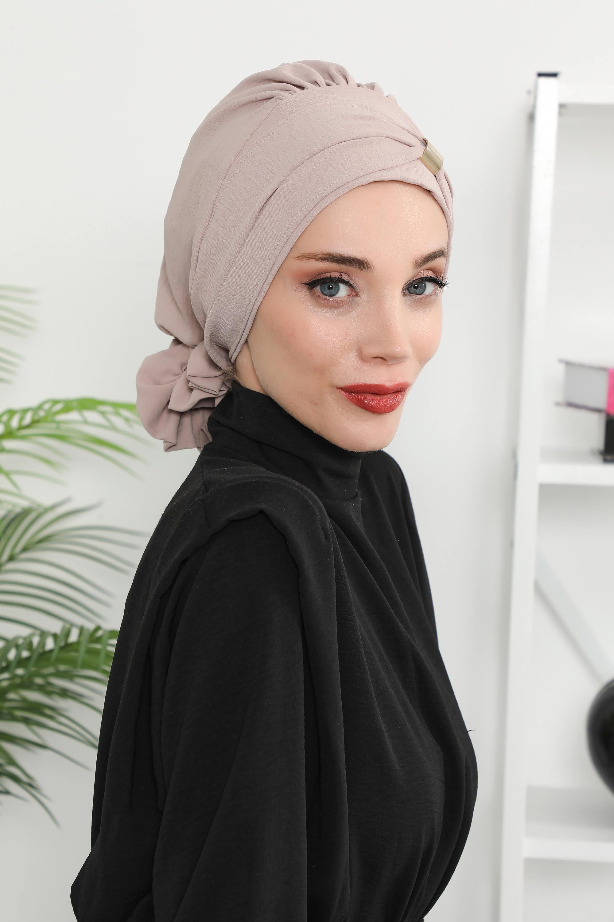 Instant Aerobin Turban Hijab for Women with Gold Accent, Pre-Tied Cotton Blend Headwrap, Modest Ready to Wear Headscarf,HT-95 Mink