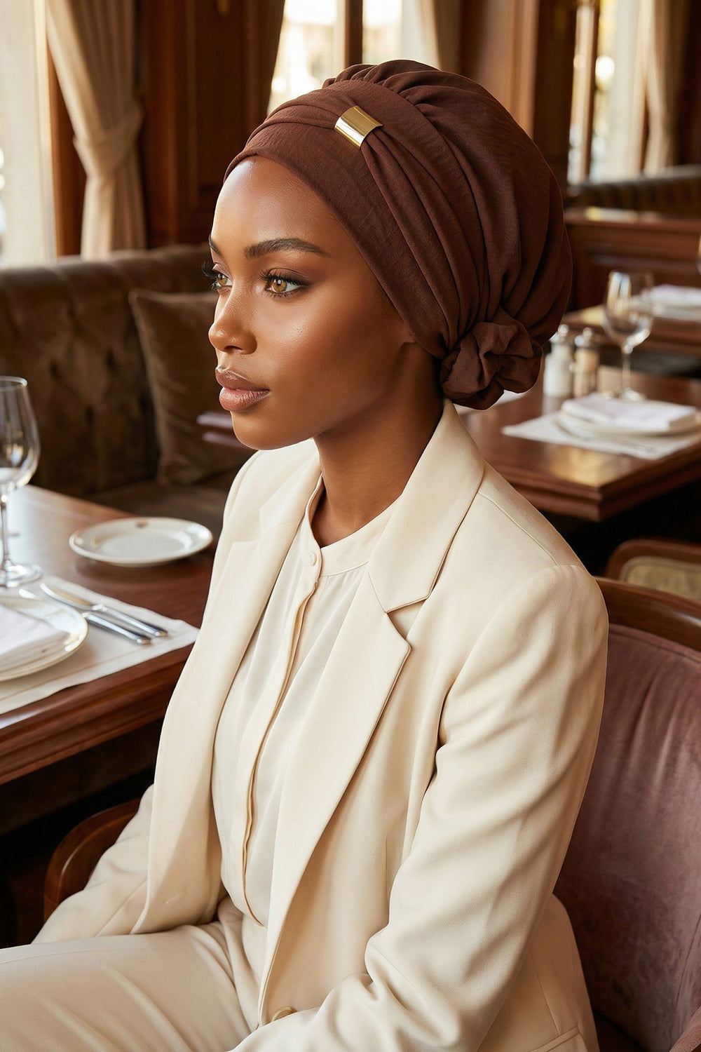 Instant Aerobin Turban Hijab for Women with Gold Accent, Pre-Tied Cotton Blend Headwrap, Modest Ready to Wear Headscarf,HT-95 Brown