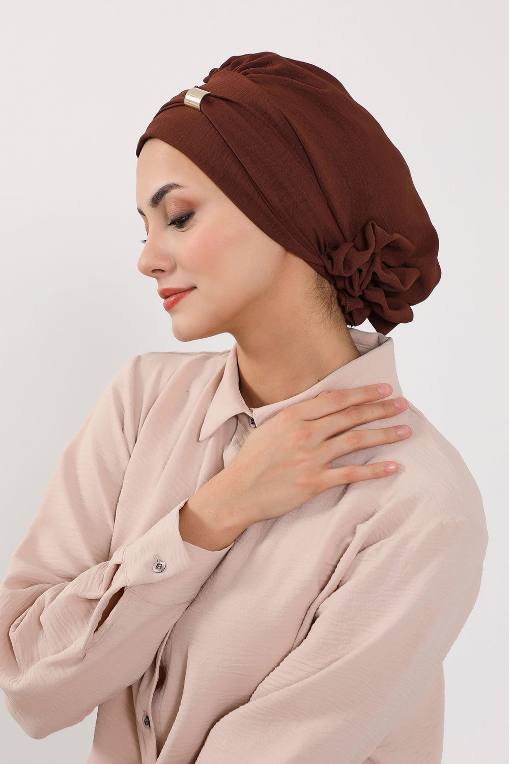 Instant Aerobin Turban Hijab for Women with Gold Accent, Pre-Tied Cotton Blend Headwrap, Modest Ready to Wear Headscarf,HT-95 Brown