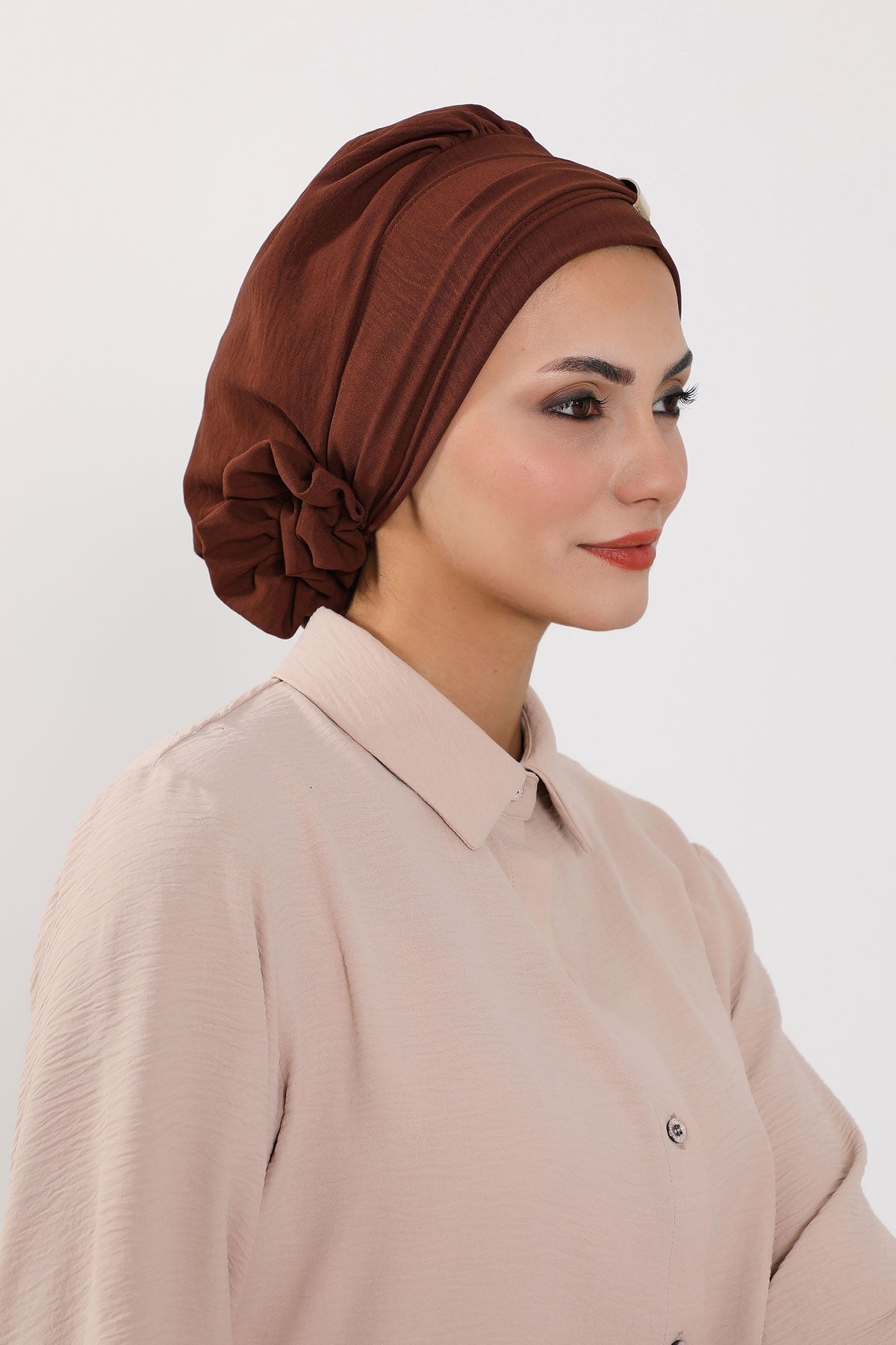 Instant Aerobin Turban Hijab for Women with Gold Accent, Pre-Tied Cotton Blend Headwrap, Modest Ready to Wear Headscarf,HT-95 Brown