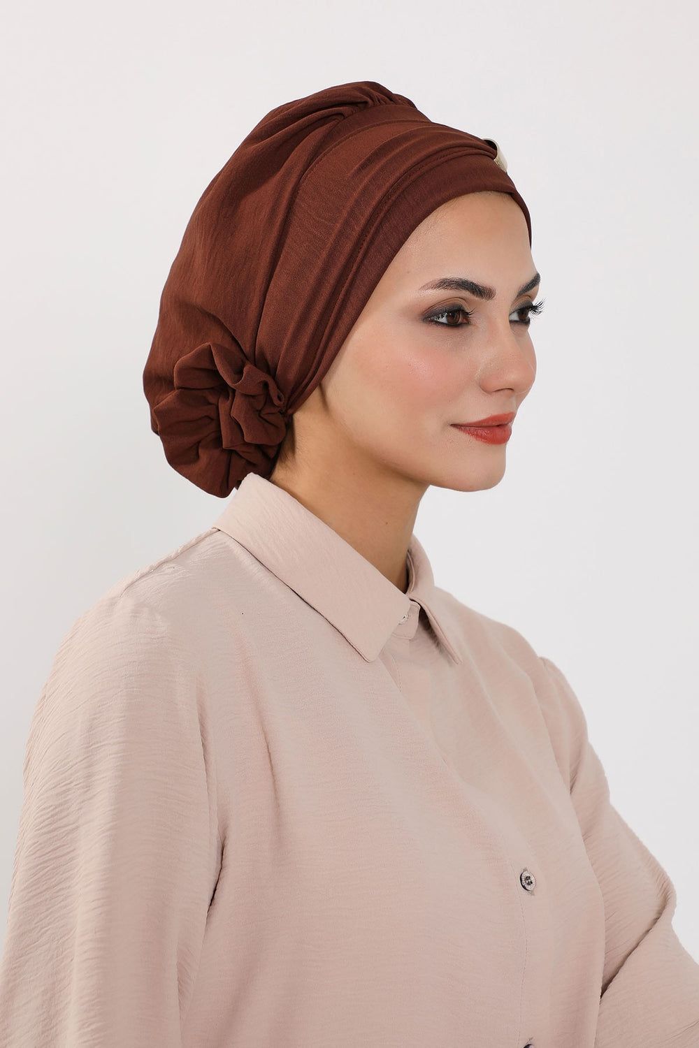 Instant Aerobin Turban Hijab for Women with Gold Accent, Pre-Tied Cotton Blend Headwrap, Modest Ready to Wear Headscarf,HT-95 Brown