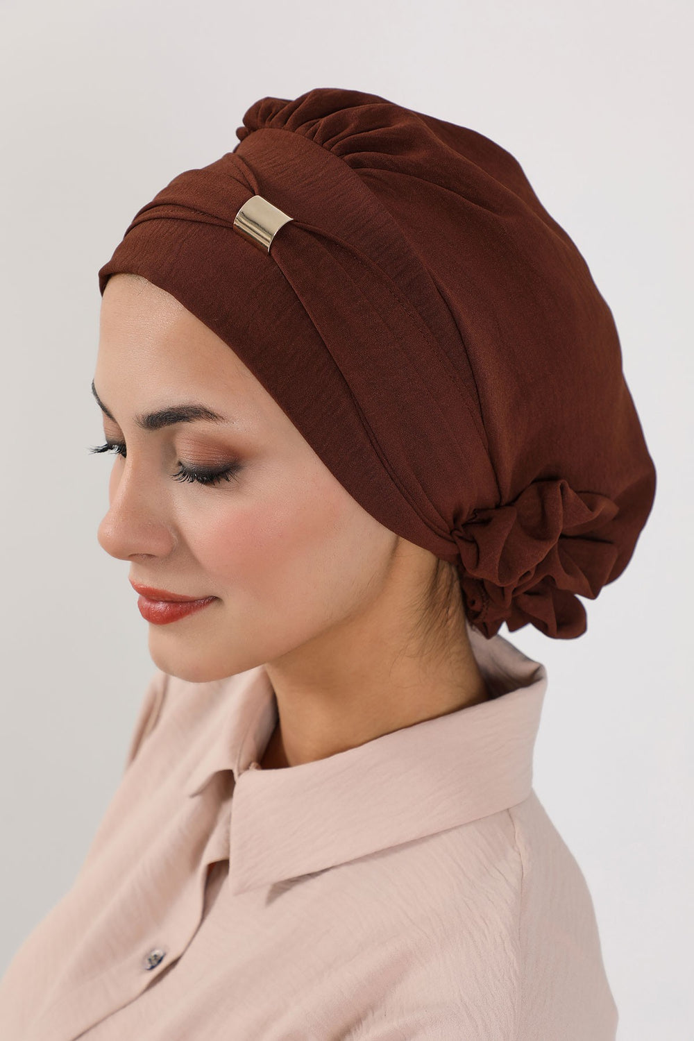Instant Aerobin Turban Hijab for Women with Gold Accent, Pre-Tied Cotton Blend Headwrap, Modest Ready to Wear Headscarf,HT-95 Brown