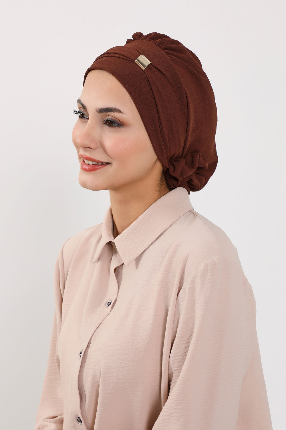 Instant Aerobin Turban Hijab for Women with Gold Accent, Pre-Tied Cotton Blend Headwrap, Modest Ready to Wear Headscarf,HT-95 Brown