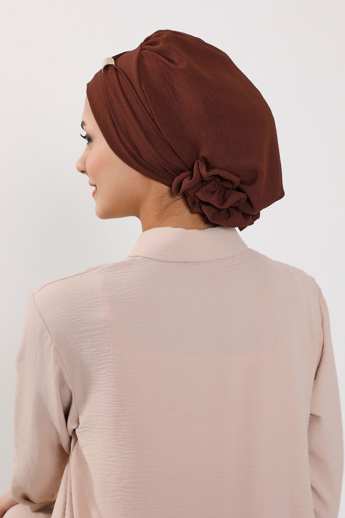Instant Aerobin Turban Hijab for Women with Gold Accent, Pre-Tied Cotton Blend Headwrap, Modest Ready to Wear Headscarf,HT-95 Brown