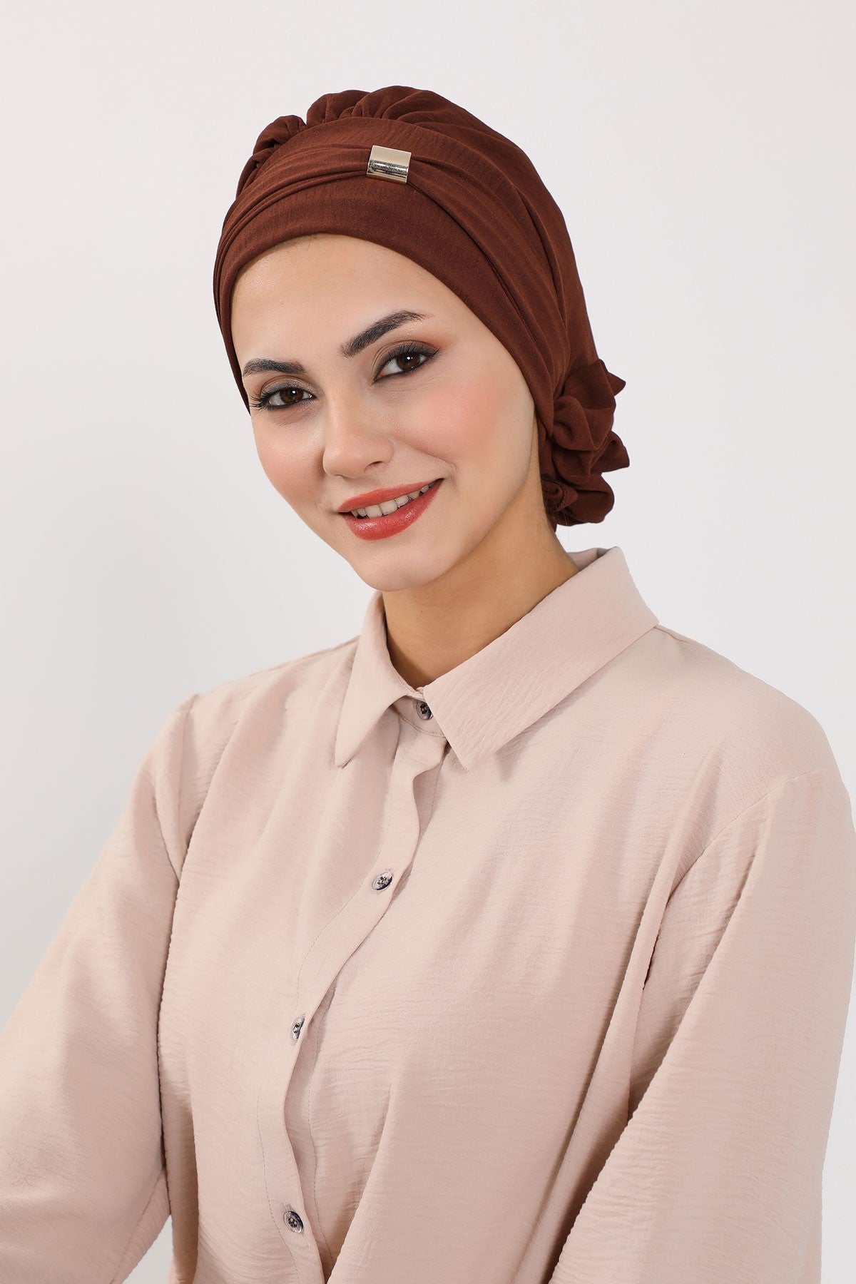 Instant Aerobin Turban Hijab for Women with Gold Accent, Pre-Tied Cotton Blend Headwrap, Modest Ready to Wear Headscarf,HT-95 Brown