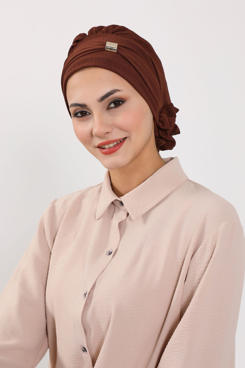 Instant Aerobin Turban Hijab for Women with Gold Accent, Pre-Tied Cotton Blend Headwrap, Modest Ready to Wear Headscarf,HT-95 Brown