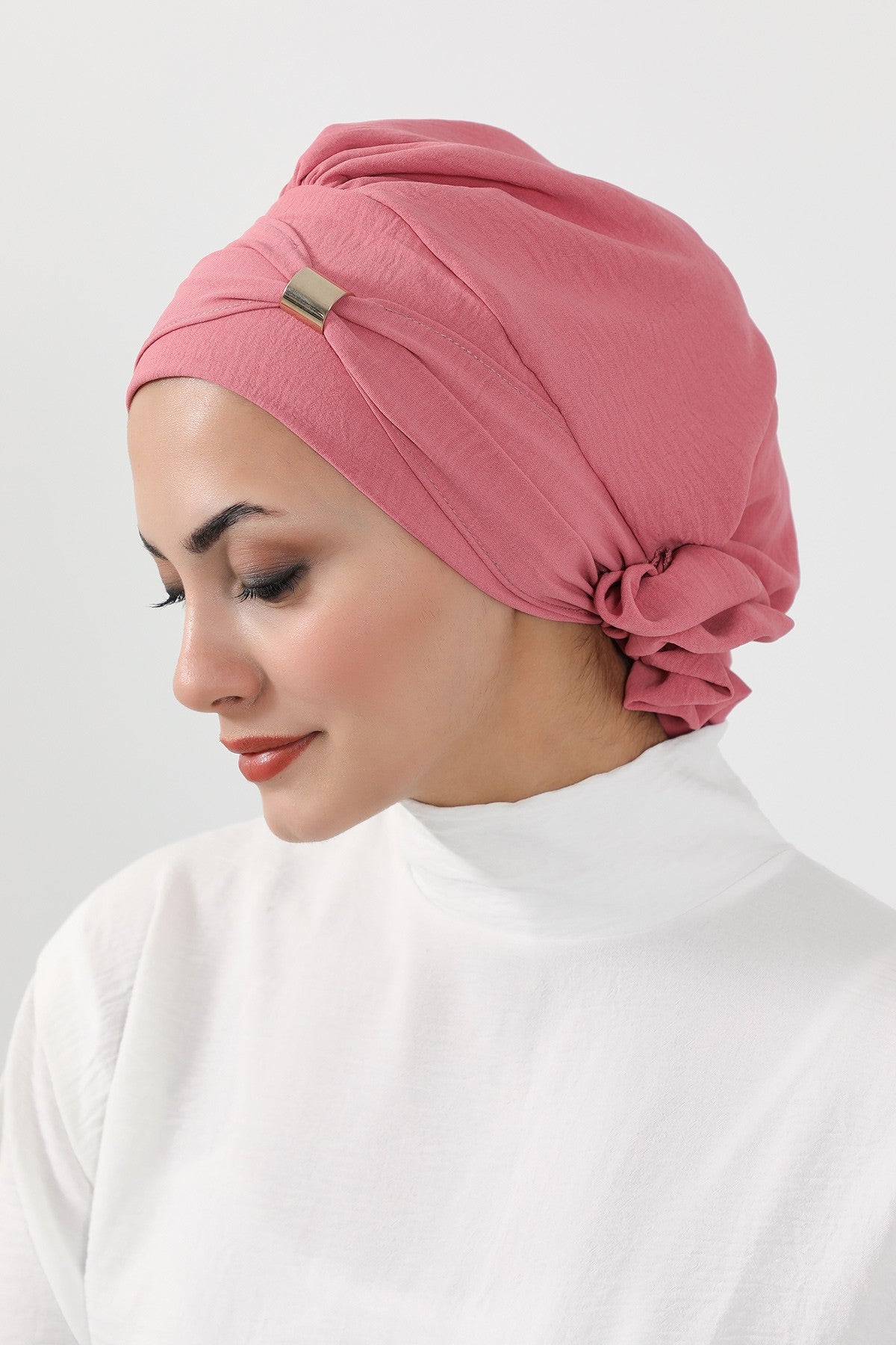 Instant Aerobin Turban Hijab for Women with Gold Accent, Pre-Tied Cotton Blend Headwrap, Modest Ready to Wear Headscarf,HT-95 Dark Pink
