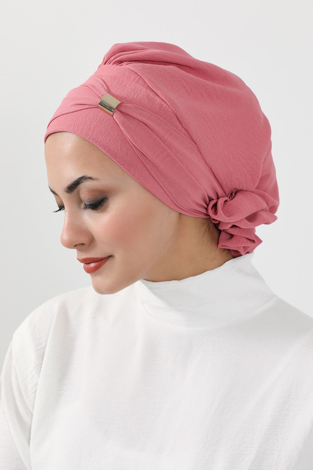 Instant Aerobin Turban Hijab for Women with Gold Accent, Pre-Tied Cotton Blend Headwrap, Modest Ready to Wear Headscarf,HT-95 Dark Pink