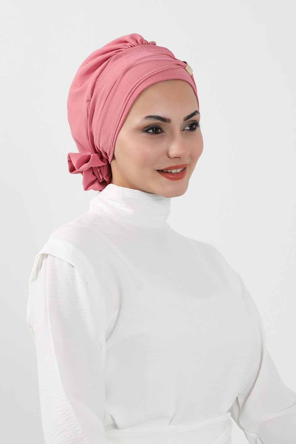Instant Aerobin Turban Hijab for Women with Gold Accent, Pre-Tied Cotton Blend Headwrap, Modest Ready to Wear Headscarf,HT-95 Dark Pink