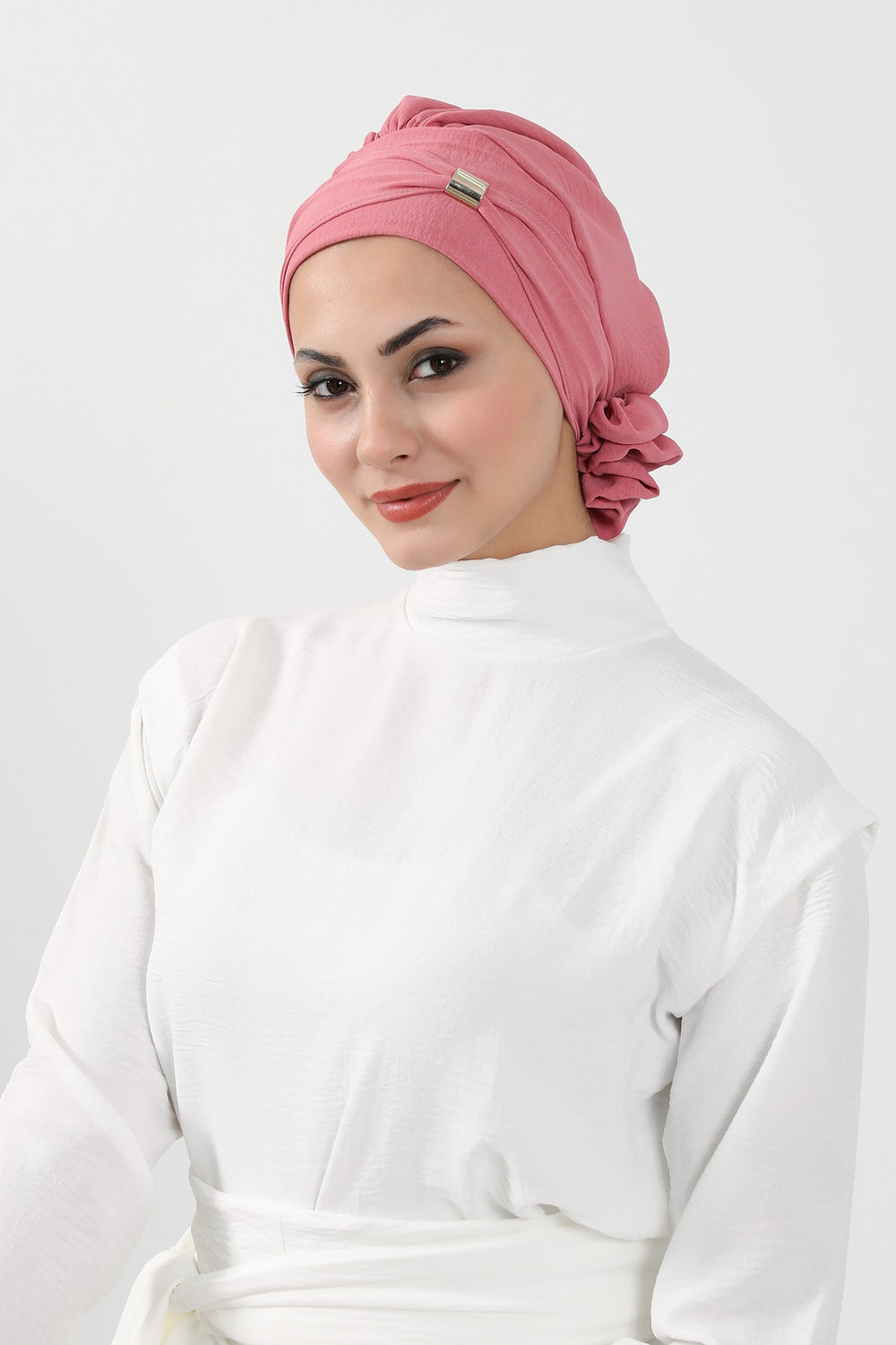 Instant Aerobin Turban Hijab for Women with Gold Accent, Pre-Tied Cotton Blend Headwrap, Modest Ready to Wear Headscarf,HT-95 Dark Pink
