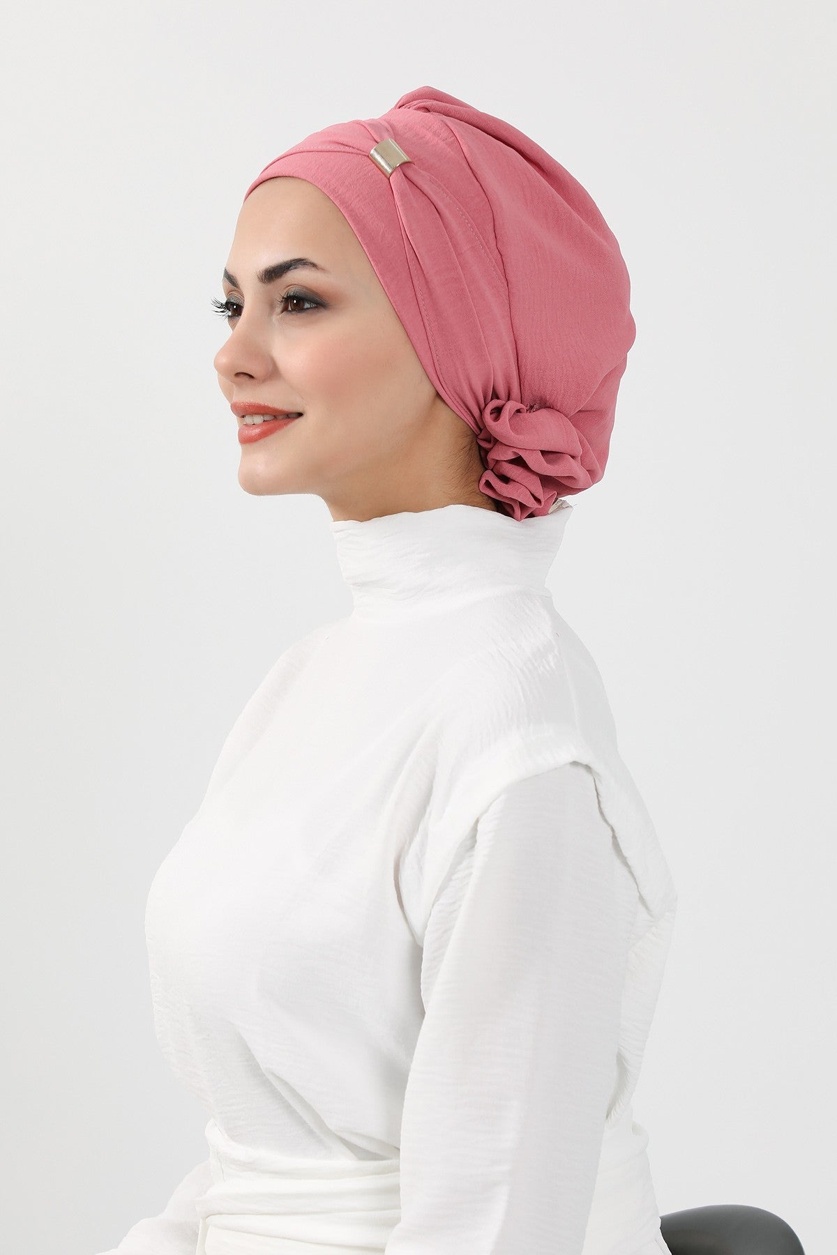Instant Aerobin Turban Hijab for Women with Gold Accent, Pre-Tied Cotton Blend Headwrap, Modest Ready to Wear Headscarf,HT-95 Dark Pink