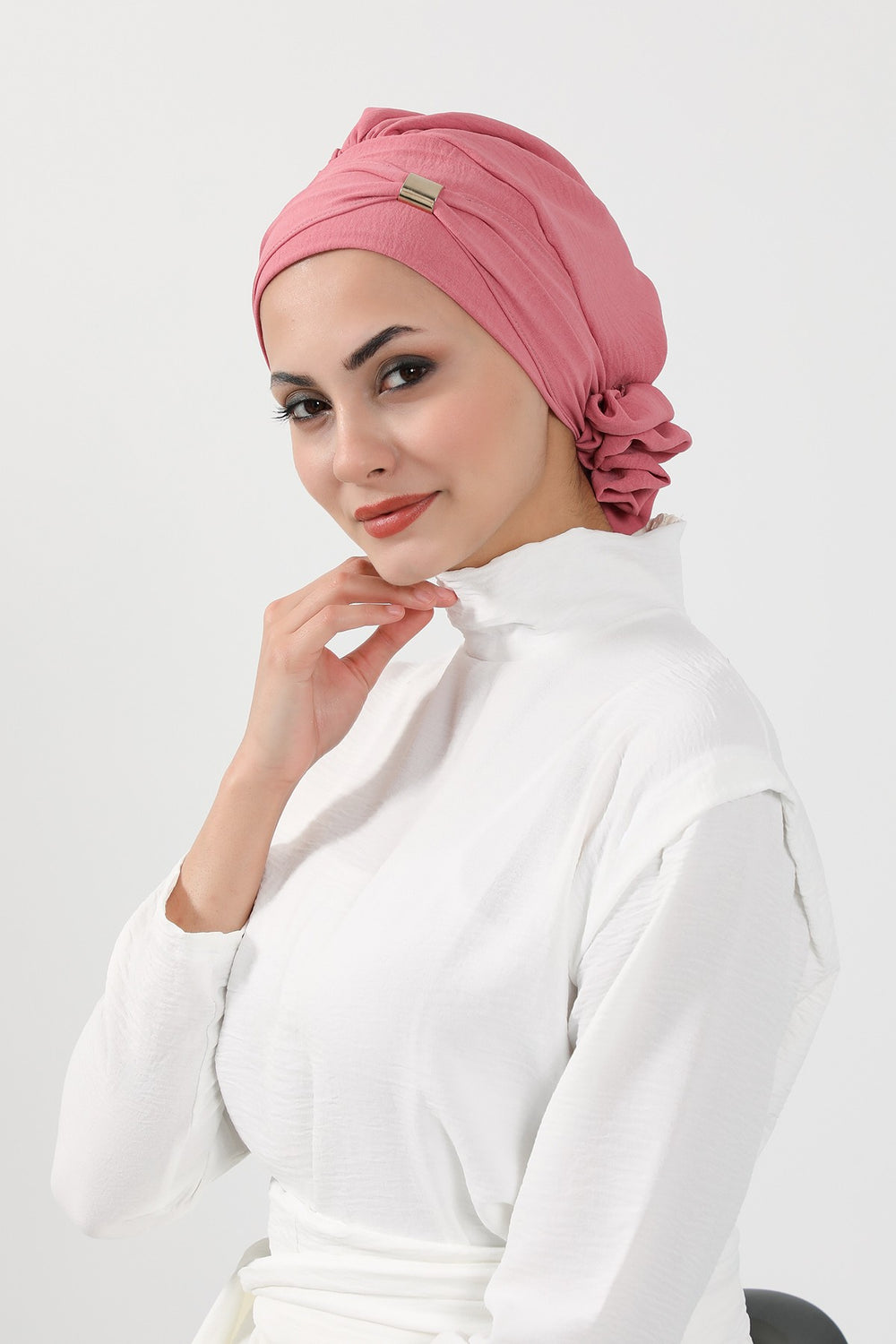 Instant Aerobin Turban Hijab for Women with Gold Accent, Pre-Tied Cotton Blend Headwrap, Modest Ready to Wear Headscarf,HT-95 Dark Pink