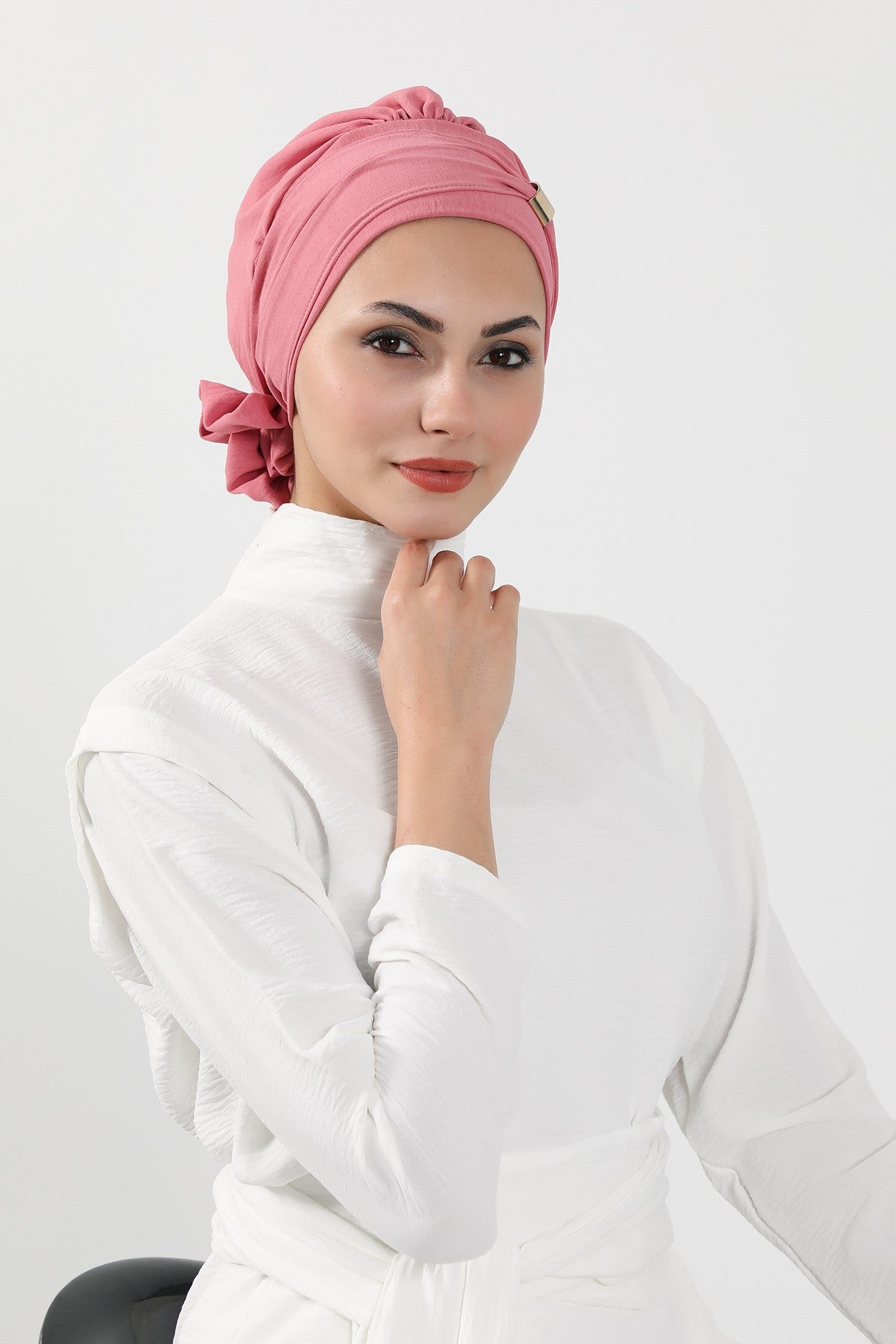 Instant Aerobin Turban Hijab for Women with Gold Accent, Pre-Tied Cotton Blend Headwrap, Modest Ready to Wear Headscarf,HT-95 Dark Pink