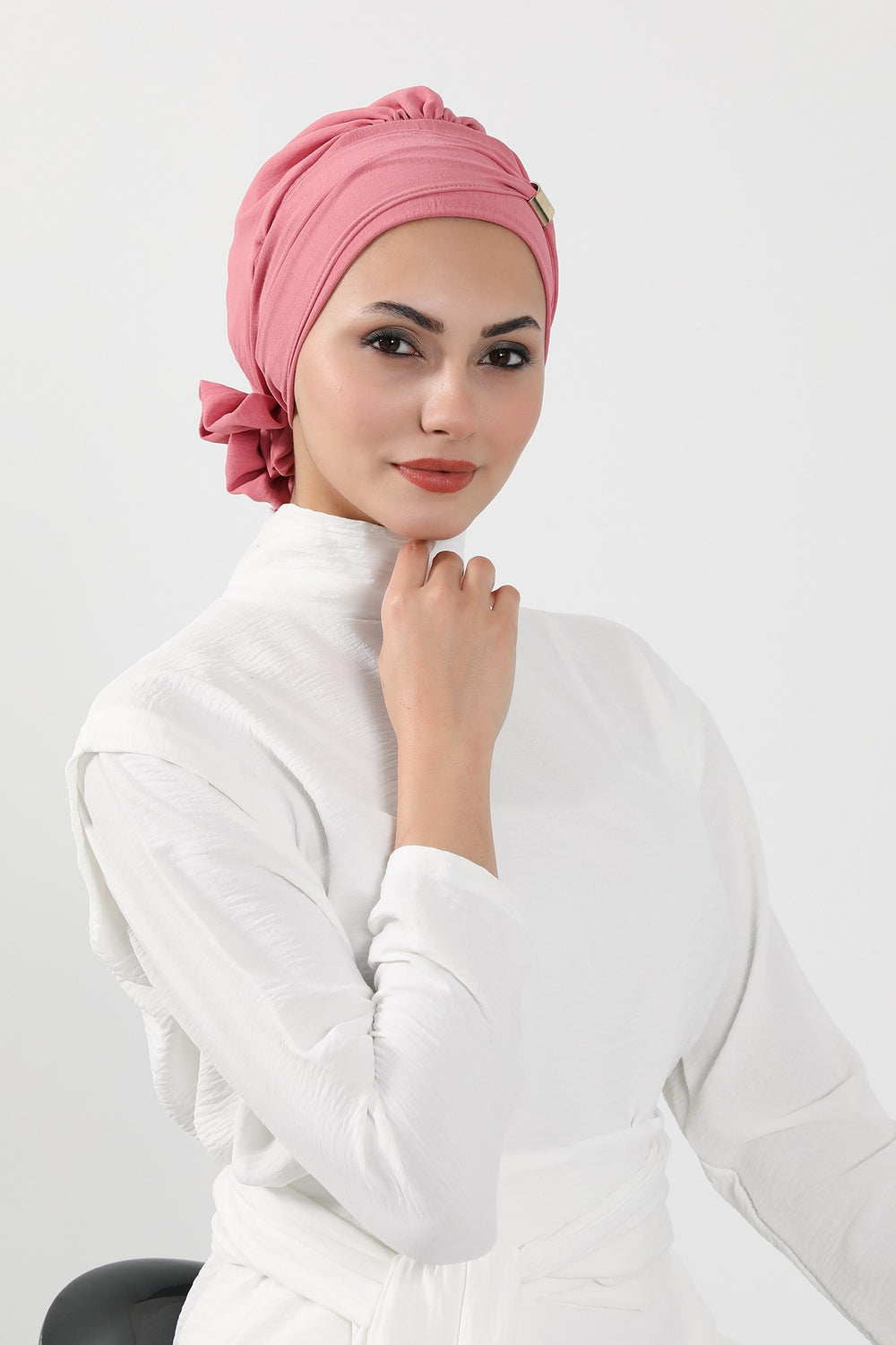 Instant Aerobin Turban Hijab for Women with Gold Accent, Pre-Tied Cotton Blend Headwrap, Modest Ready to Wear Headscarf,HT-95 Dark Pink