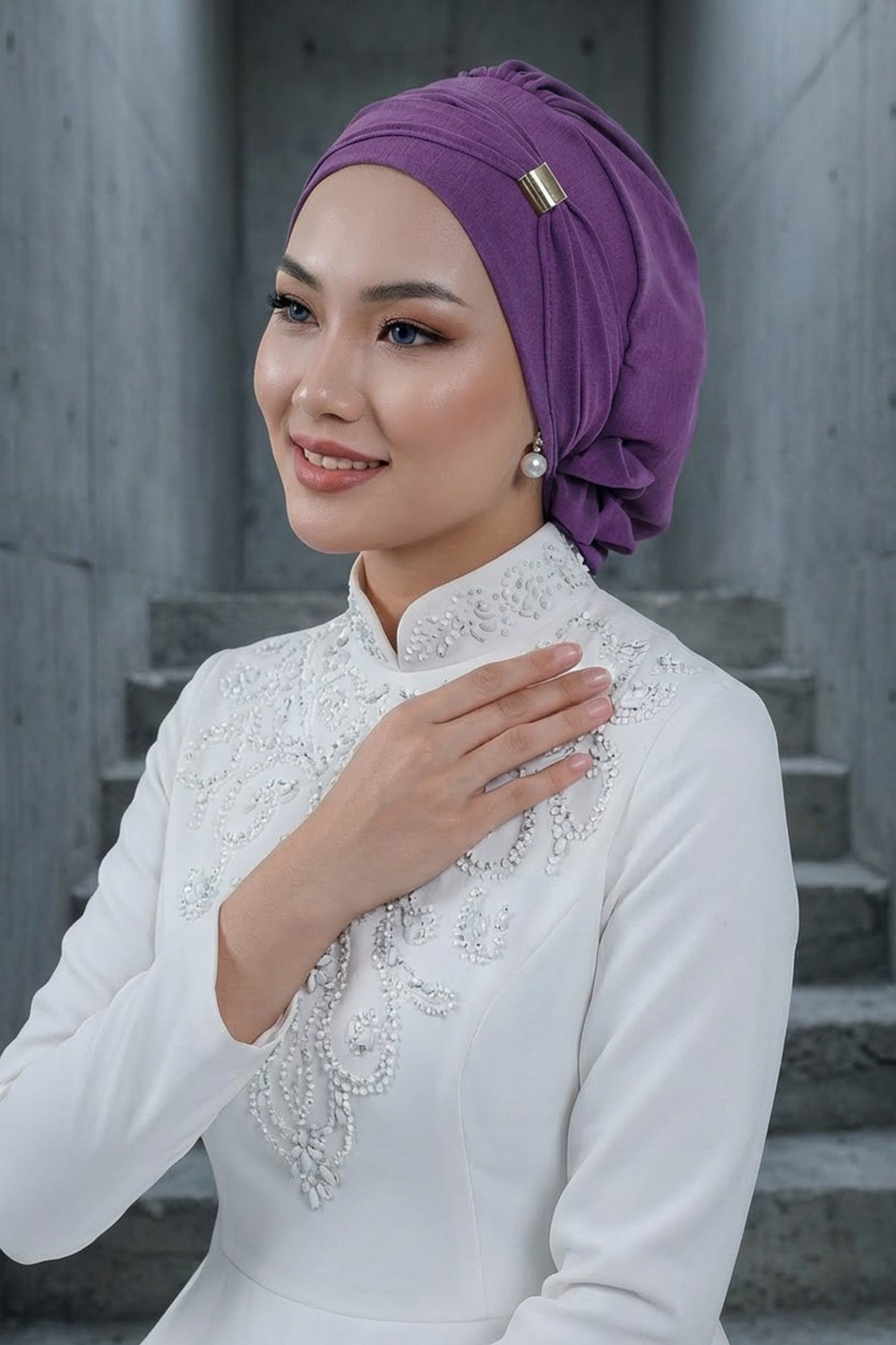 Instant Aerobin Turban Hijab for Women with Gold Accent, Pre-Tied Cotton Blend Headwrap, Modest Ready to Wear Headscarf,HT-95 Purple 2