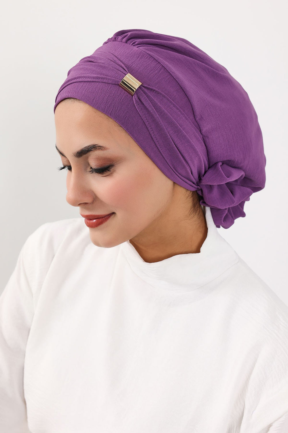 Instant Aerobin Turban Hijab for Women with Gold Accent, Pre-Tied Cotton Blend Headwrap, Modest Ready to Wear Headscarf,HT-95 Purple 2