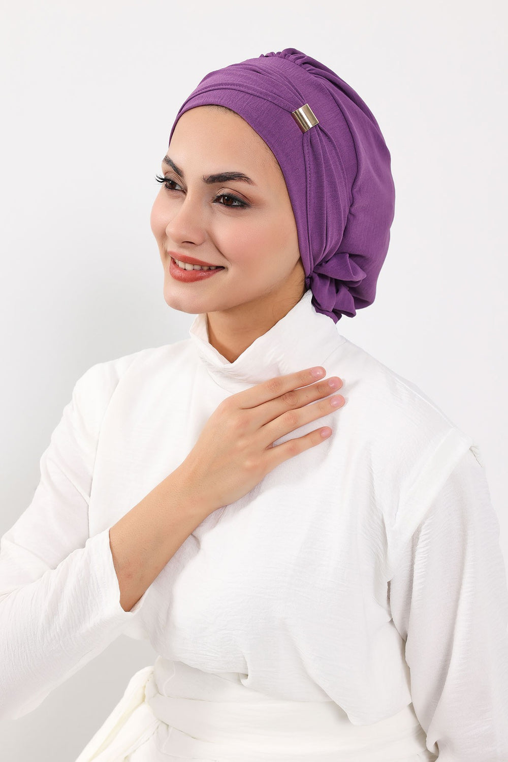 Instant Aerobin Turban Hijab for Women with Gold Accent, Pre-Tied Cotton Blend Headwrap, Modest Ready to Wear Headscarf,HT-95 Purple 2