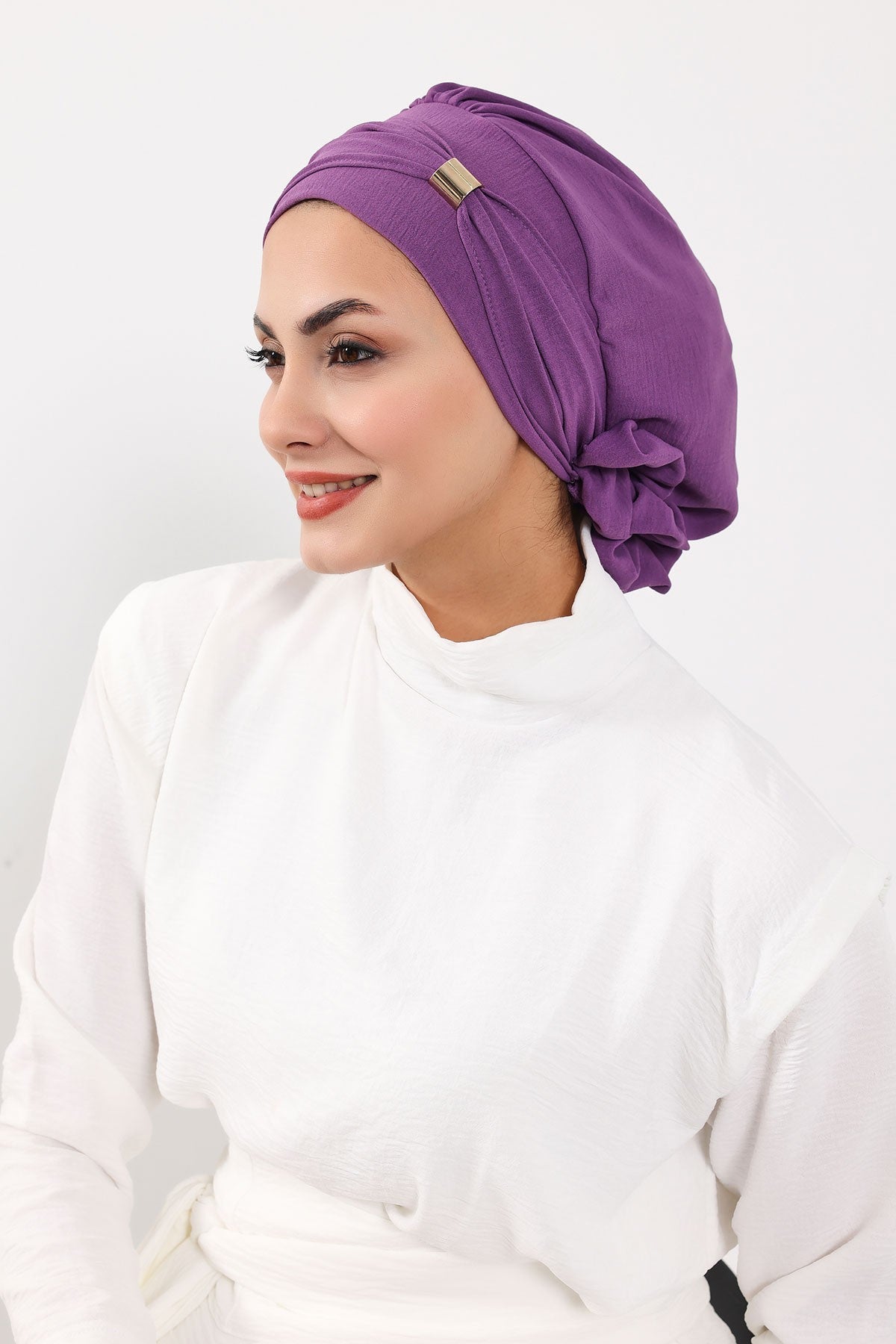 Instant Aerobin Turban Hijab for Women with Gold Accent, Pre-Tied Cotton Blend Headwrap, Modest Ready to Wear Headscarf,HT-95 Purple 2