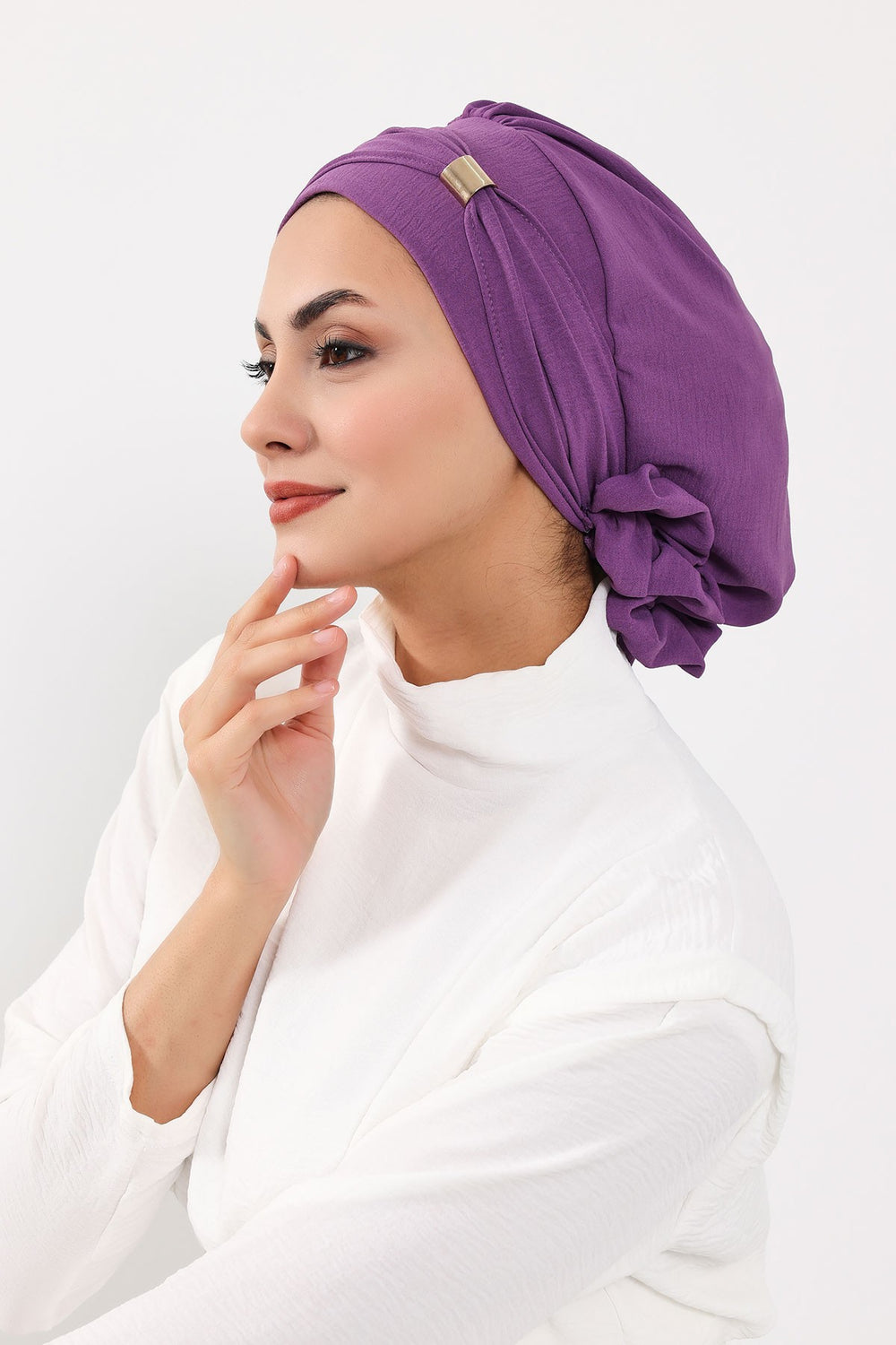 Instant Aerobin Turban Hijab for Women with Gold Accent, Pre-Tied Cotton Blend Headwrap, Modest Ready to Wear Headscarf,HT-95 Purple 2