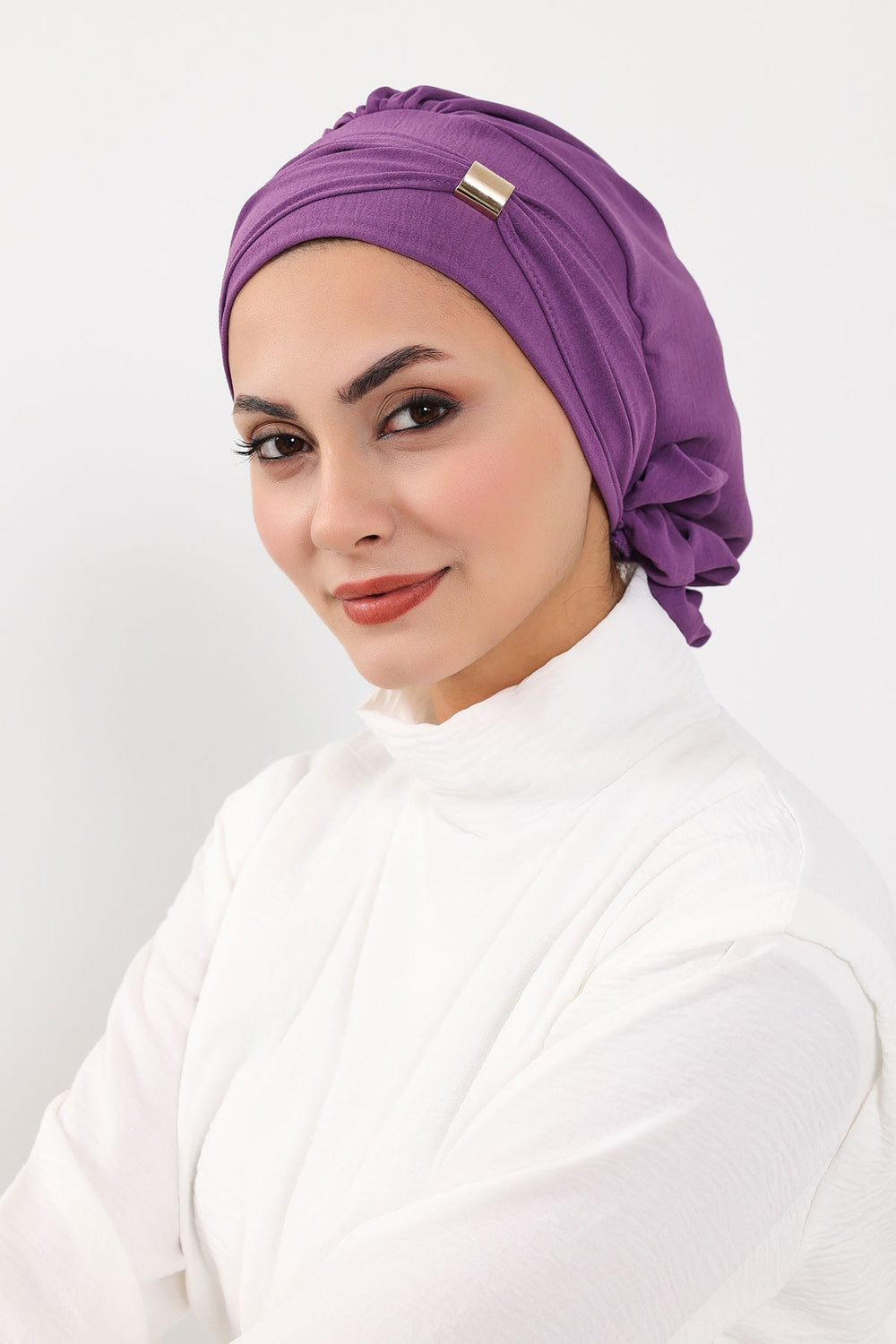 Instant Aerobin Turban Hijab for Women with Gold Accent, Pre-Tied Cotton Blend Headwrap, Modest Ready to Wear Headscarf,HT-95 Purple 2