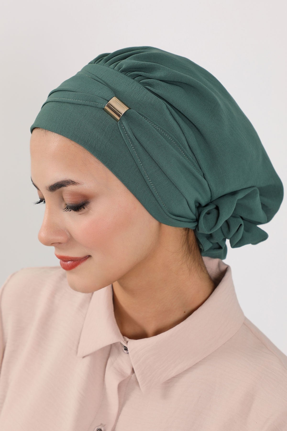 Instant Aerobin Turban Hijab for Women with Gold Accent, Pre-Tied Cotton Blend Headwrap, Modest Ready to Wear Headscarf,HT-95 Light Green
