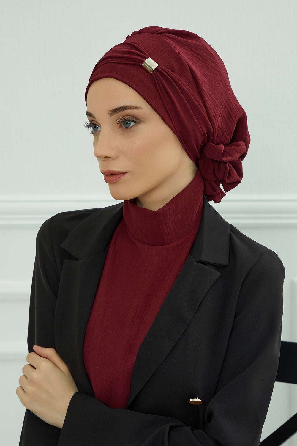 Instant Aerobin Turban Hijab for Women with Gold Accent, Pre-Tied Cotton Blend Headwrap, Modest Ready to Wear Headscarf,HT-95 Maroon