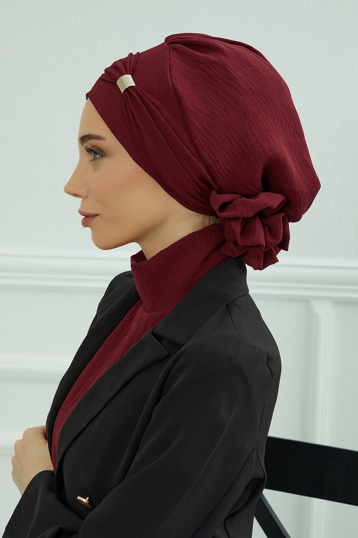 Instant Aerobin Turban Hijab for Women with Gold Accent, Pre-Tied Cotton Blend Headwrap, Modest Ready to Wear Headscarf,HT-95 Maroon