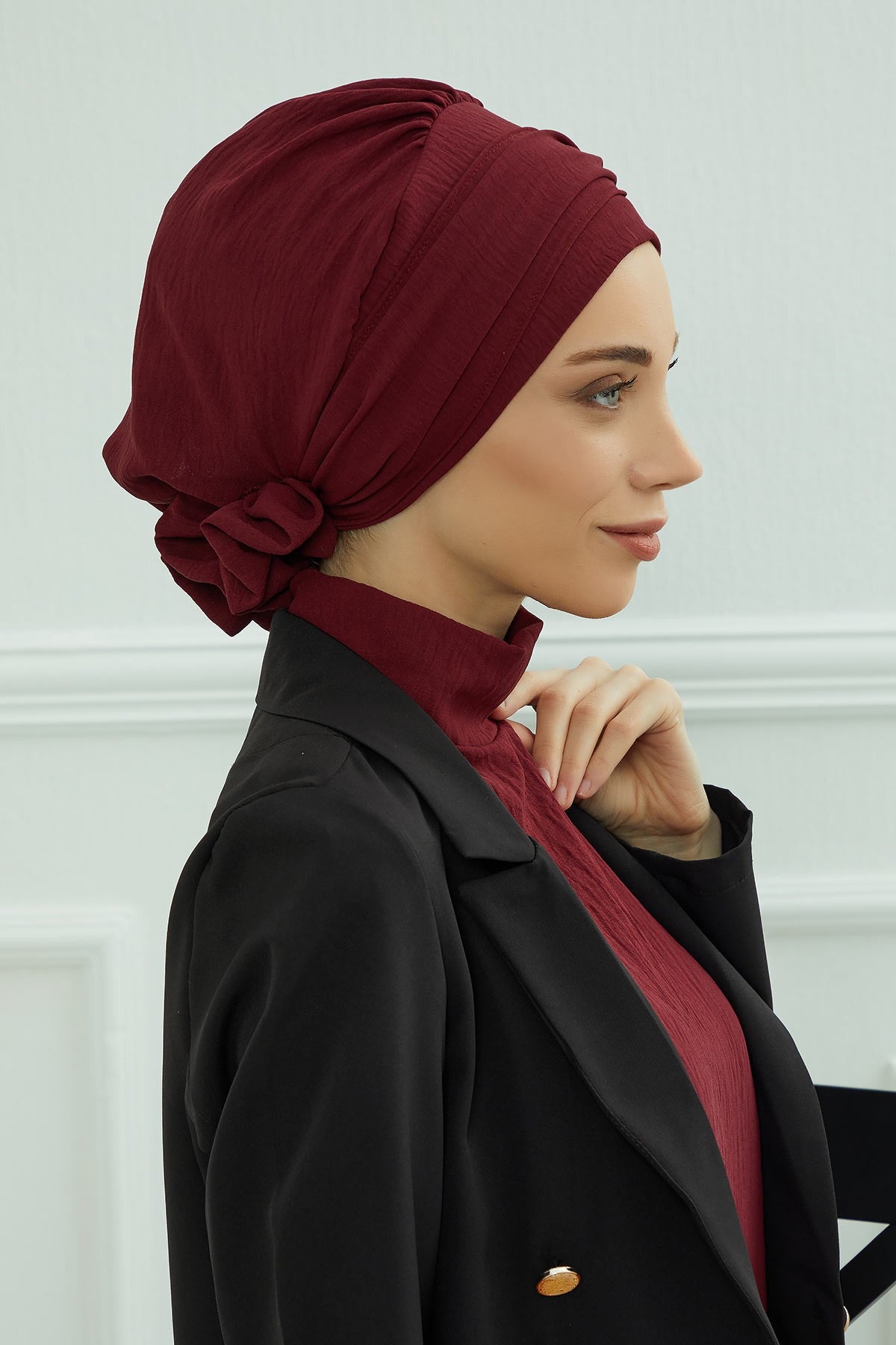 Instant Aerobin Turban Hijab for Women with Gold Accent, Pre-Tied Cotton Blend Headwrap, Modest Ready to Wear Headscarf,HT-95 Maroon