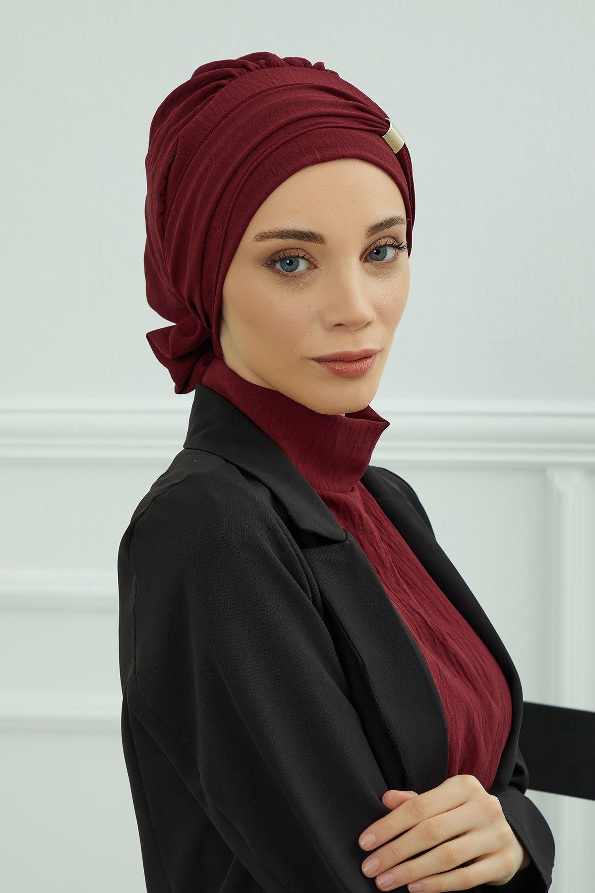 Instant Aerobin Turban Hijab for Women with Gold Accent, Pre-Tied Cotton Blend Headwrap, Modest Ready to Wear Headscarf,HT-95 Maroon