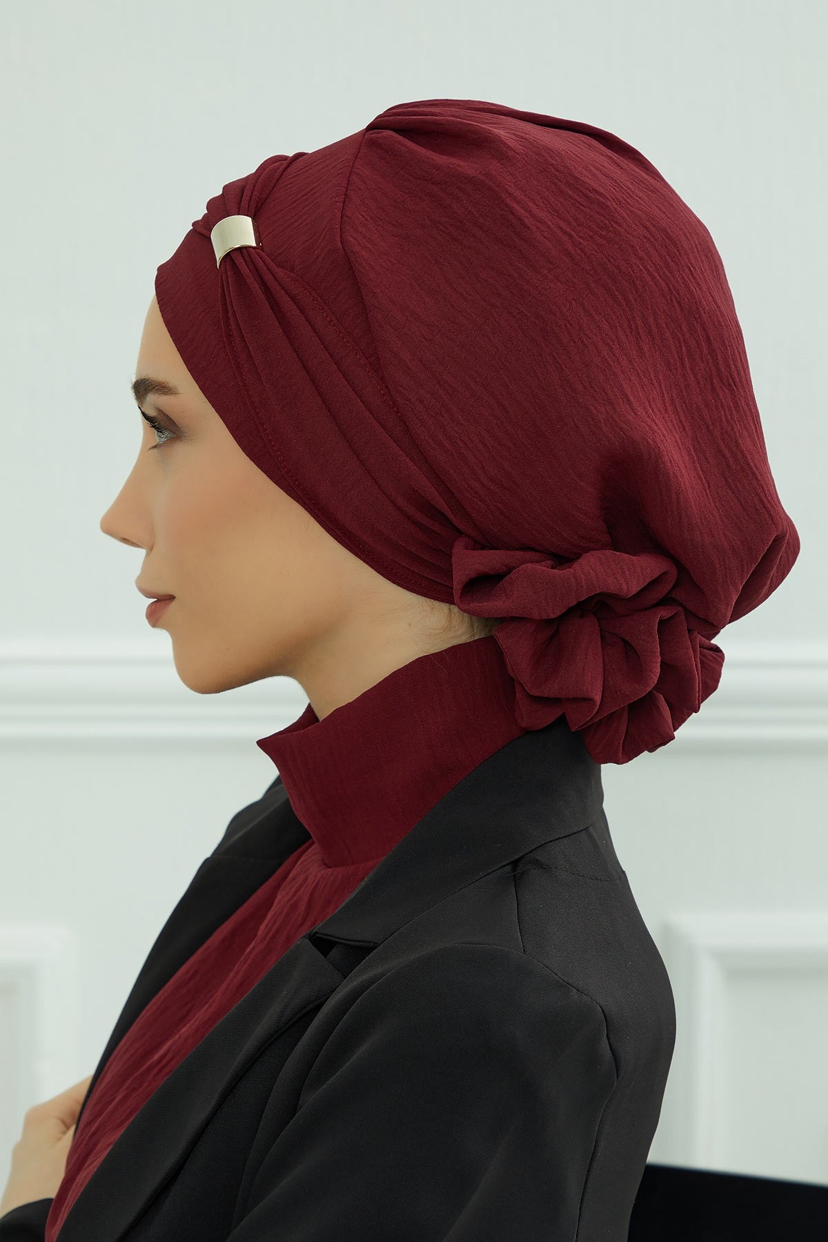 Instant Aerobin Turban Hijab for Women with Gold Accent, Pre-Tied Cotton Blend Headwrap, Modest Ready to Wear Headscarf,HT-95 Maroon