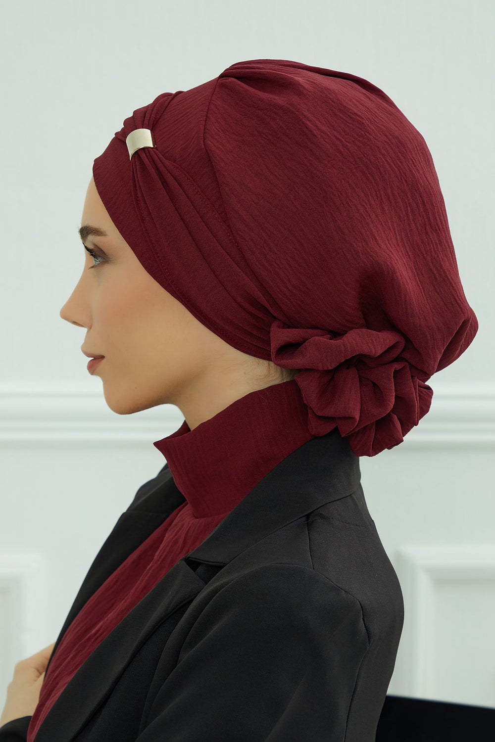 Instant Aerobin Turban Hijab for Women with Gold Accent, Pre-Tied Cotton Blend Headwrap, Modest Ready to Wear Headscarf,HT-95 Maroon