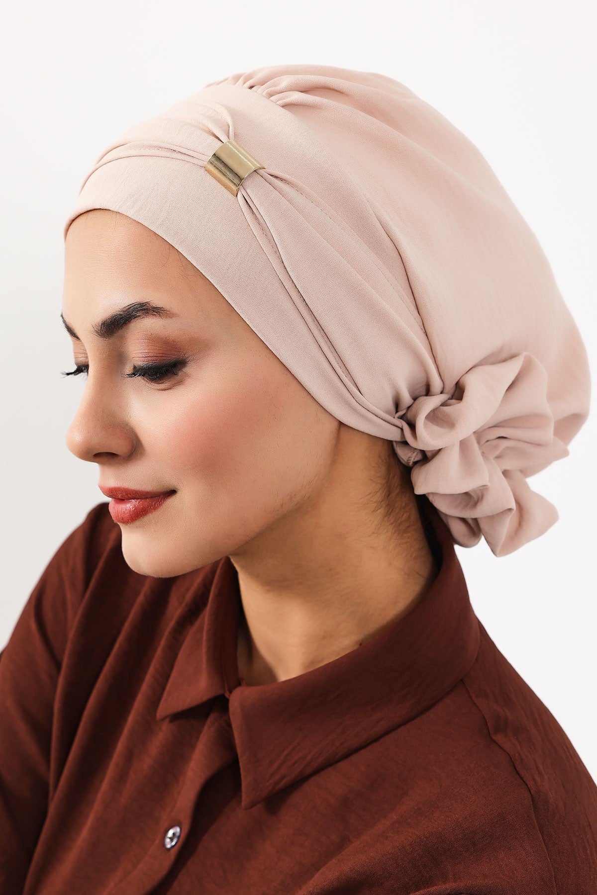 Instant Aerobin Turban Hijab for Women with Gold Accent, Pre-Tied Cotton Blend Headwrap, Modest Ready to Wear Headscarf,HT-95 Stone
