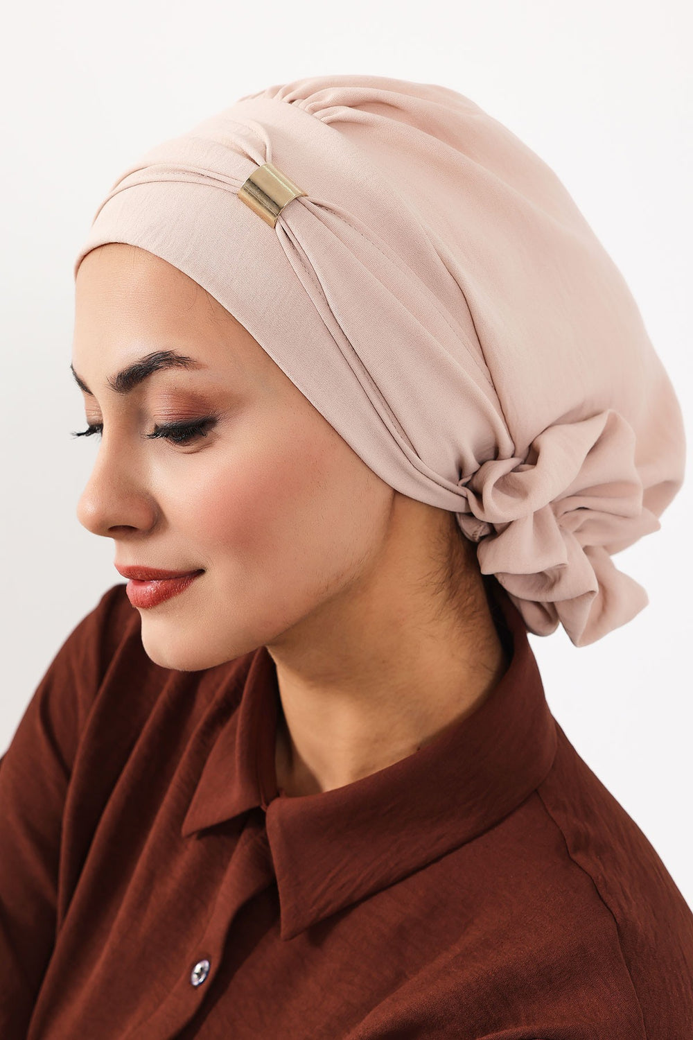 Instant Aerobin Turban Hijab for Women with Gold Accent, Pre-Tied Cotton Blend Headwrap, Modest Ready to Wear Headscarf,HT-95 Stone