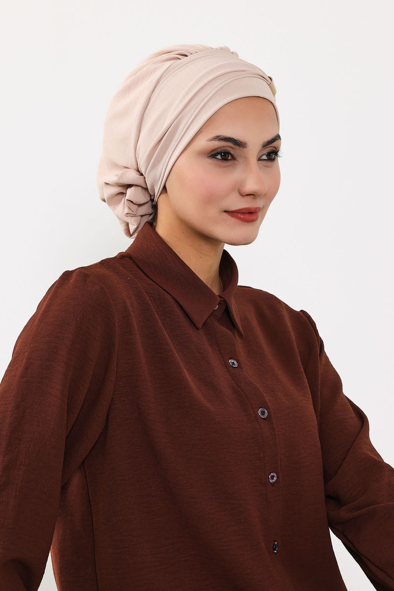 Instant Aerobin Turban Hijab for Women with Gold Accent, Pre-Tied Cotton Blend Headwrap, Modest Ready to Wear Headscarf,HT-95