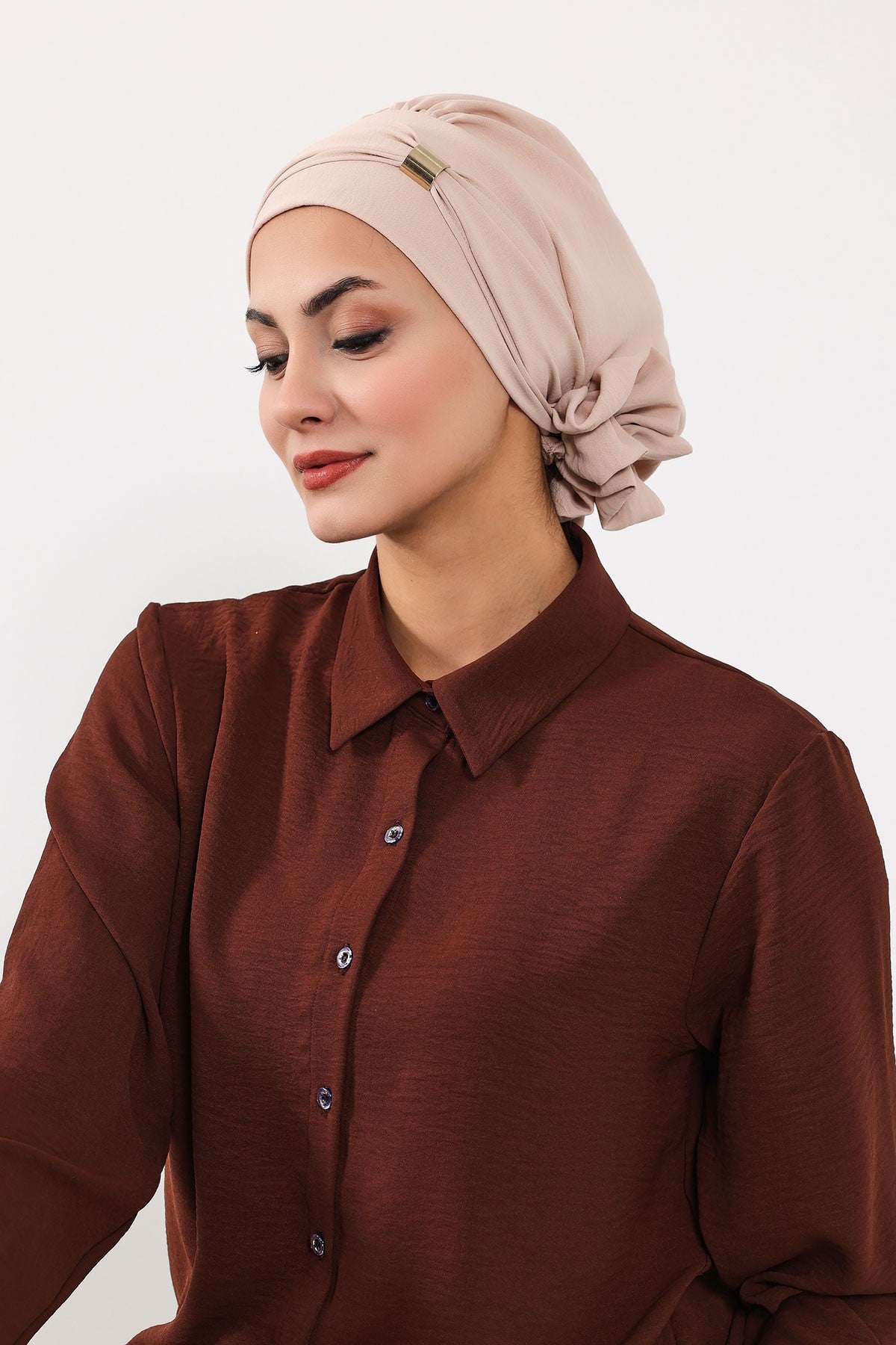 Instant Aerobin Turban Hijab for Women with Gold Accent, Pre-Tied Cotton Blend Headwrap, Modest Ready to Wear Headscarf,HT-95 Stone