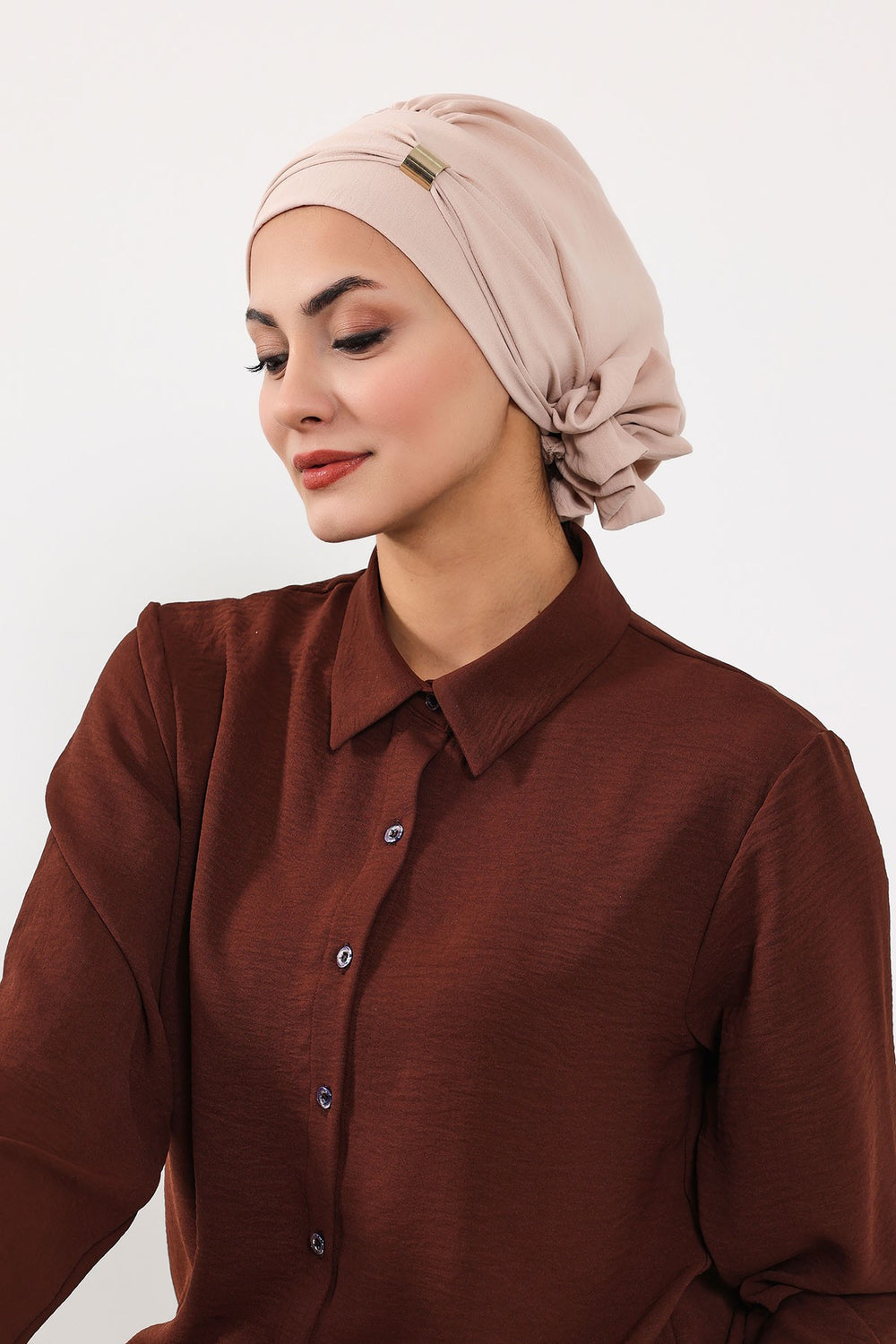 Instant Aerobin Turban Hijab for Women with Gold Accent, Pre-Tied Cotton Blend Headwrap, Modest Ready to Wear Headscarf,HT-95 Stone