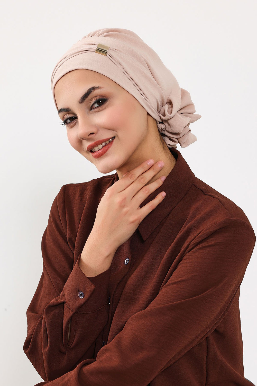 Instant Aerobin Turban Hijab for Women with Gold Accent, Pre-Tied Cotton Blend Headwrap, Modest Ready to Wear Headscarf,HT-95 Stone