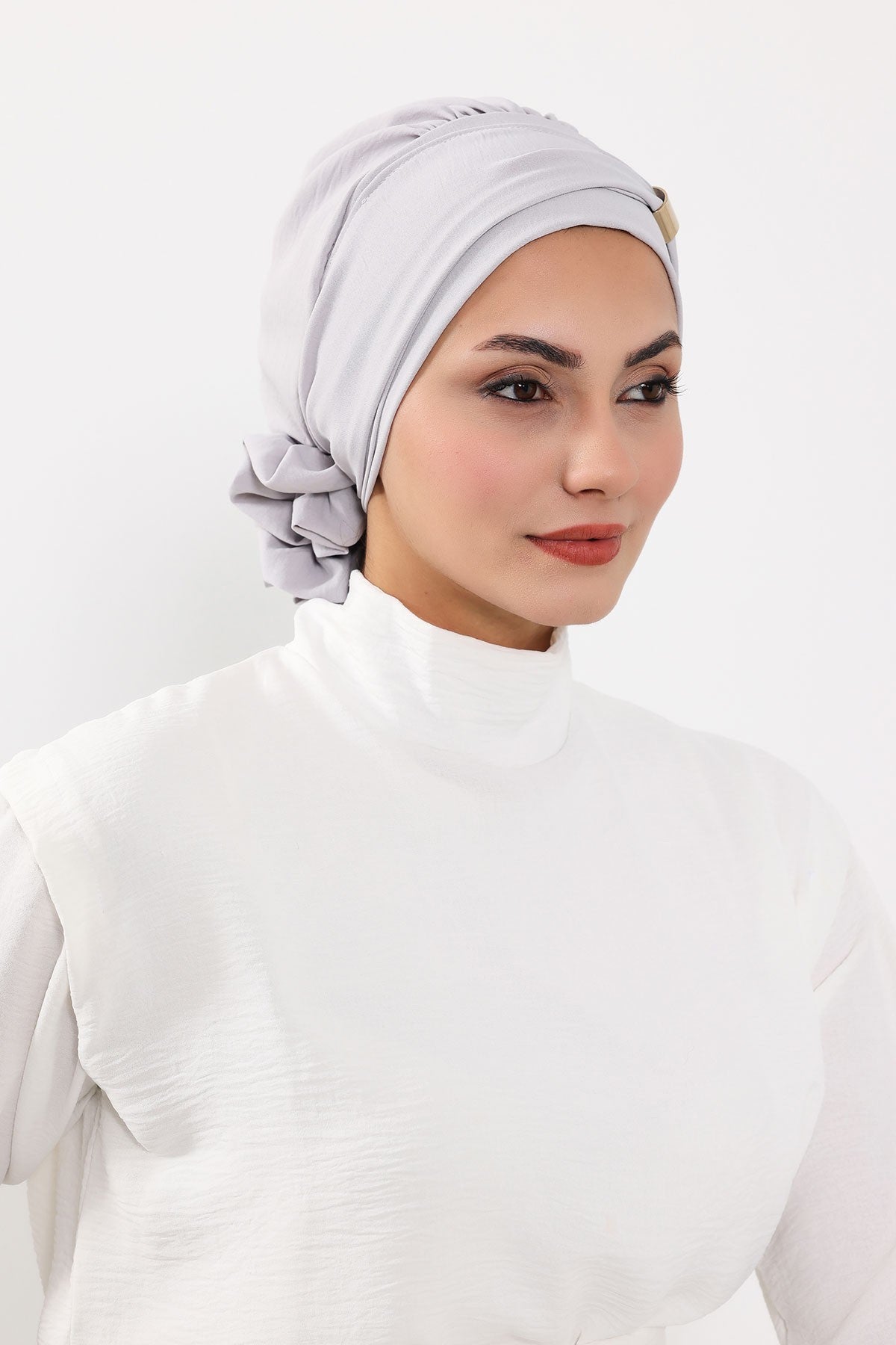Instant Aerobin Turban Hijab for Women with Gold Accent, Pre-Tied Cotton Blend Headwrap, Modest Ready to Wear Headscarf,HT-95 Light Grey