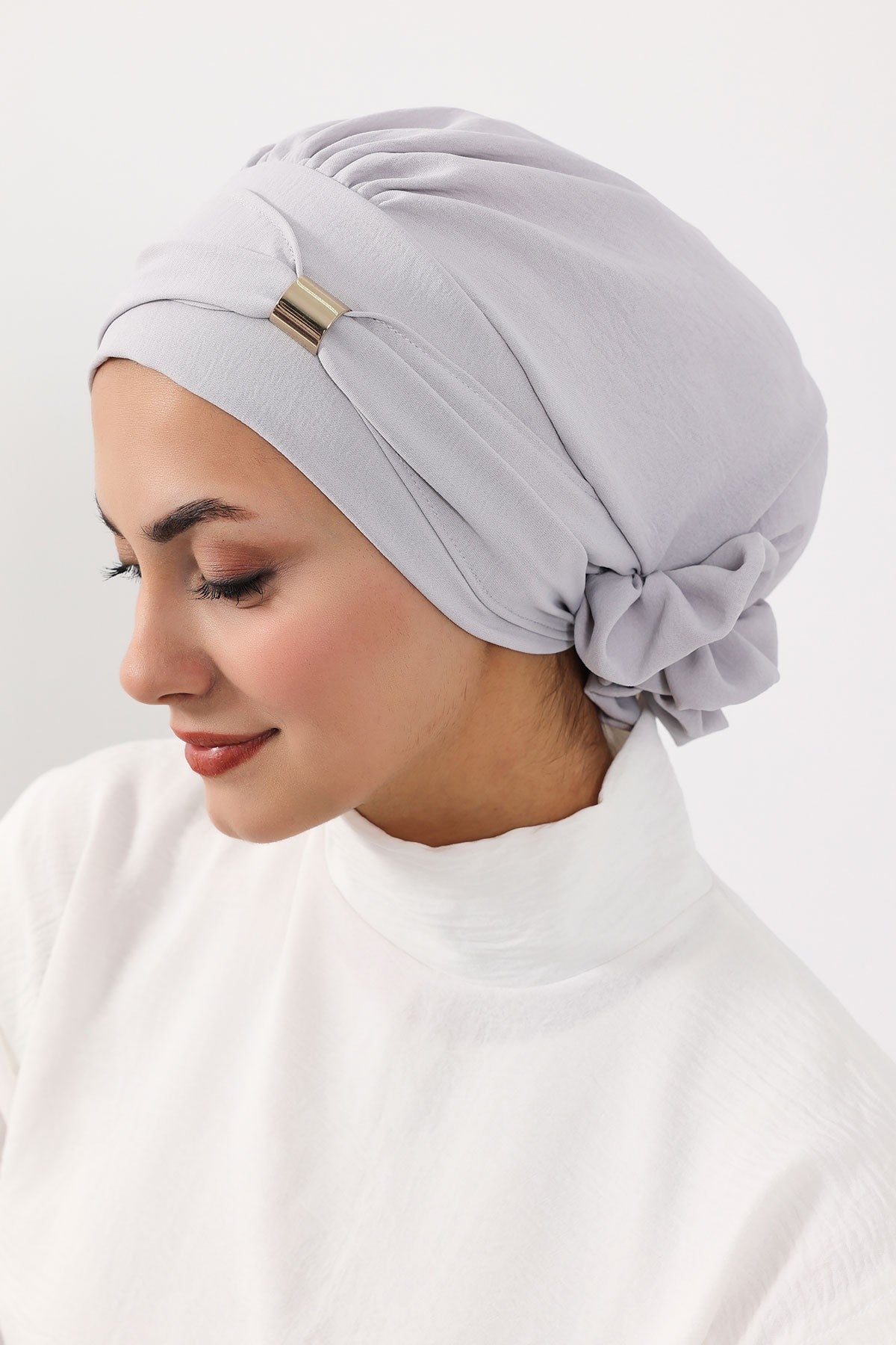 Instant Aerobin Turban Hijab for Women with Gold Accent, Pre-Tied Cotton Blend Headwrap, Modest Ready to Wear Headscarf,HT-95 Light Grey
