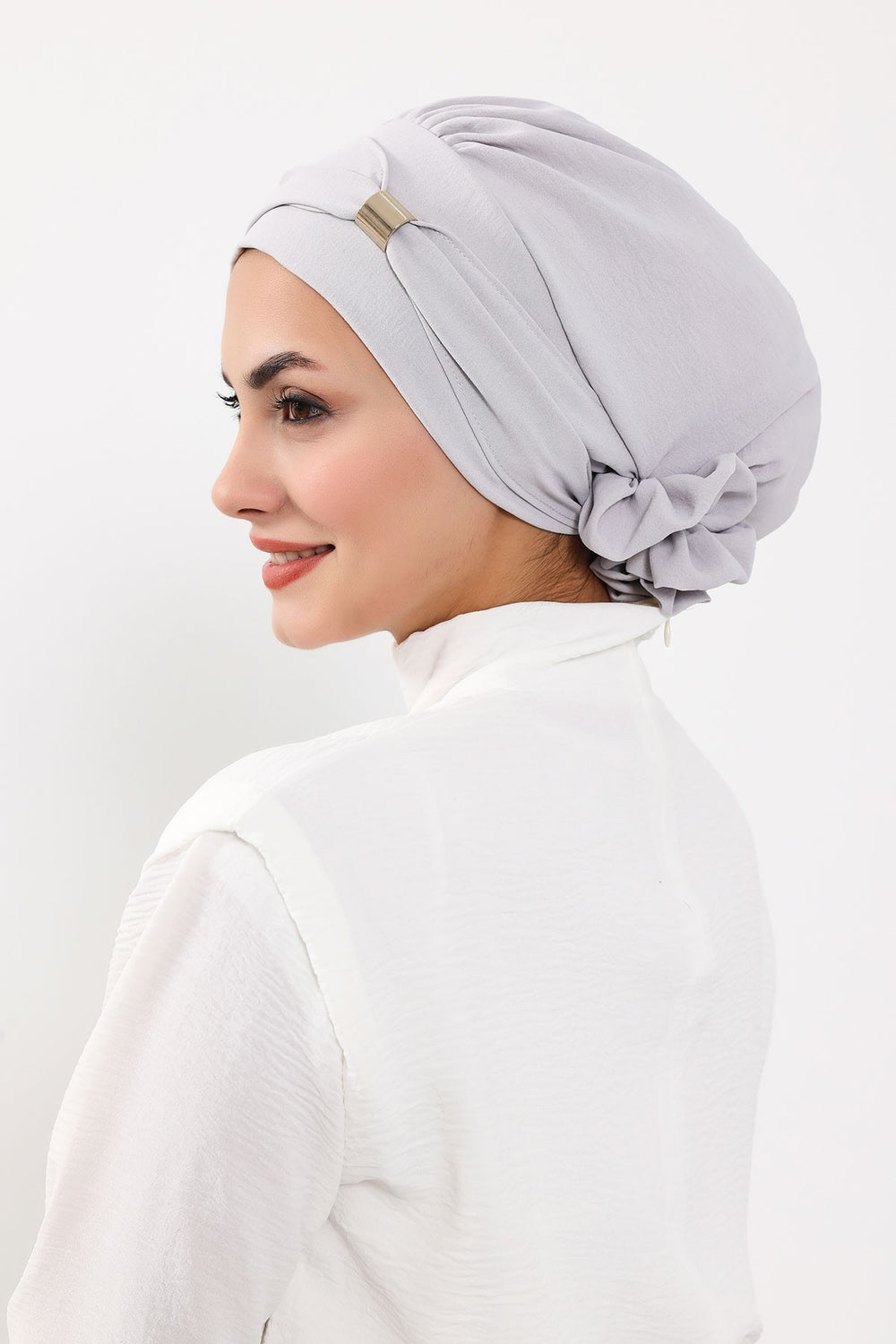 Instant Aerobin Turban Hijab for Women with Gold Accent, Pre-Tied Cotton Blend Headwrap, Modest Ready to Wear Headscarf,HT-95 Light Grey